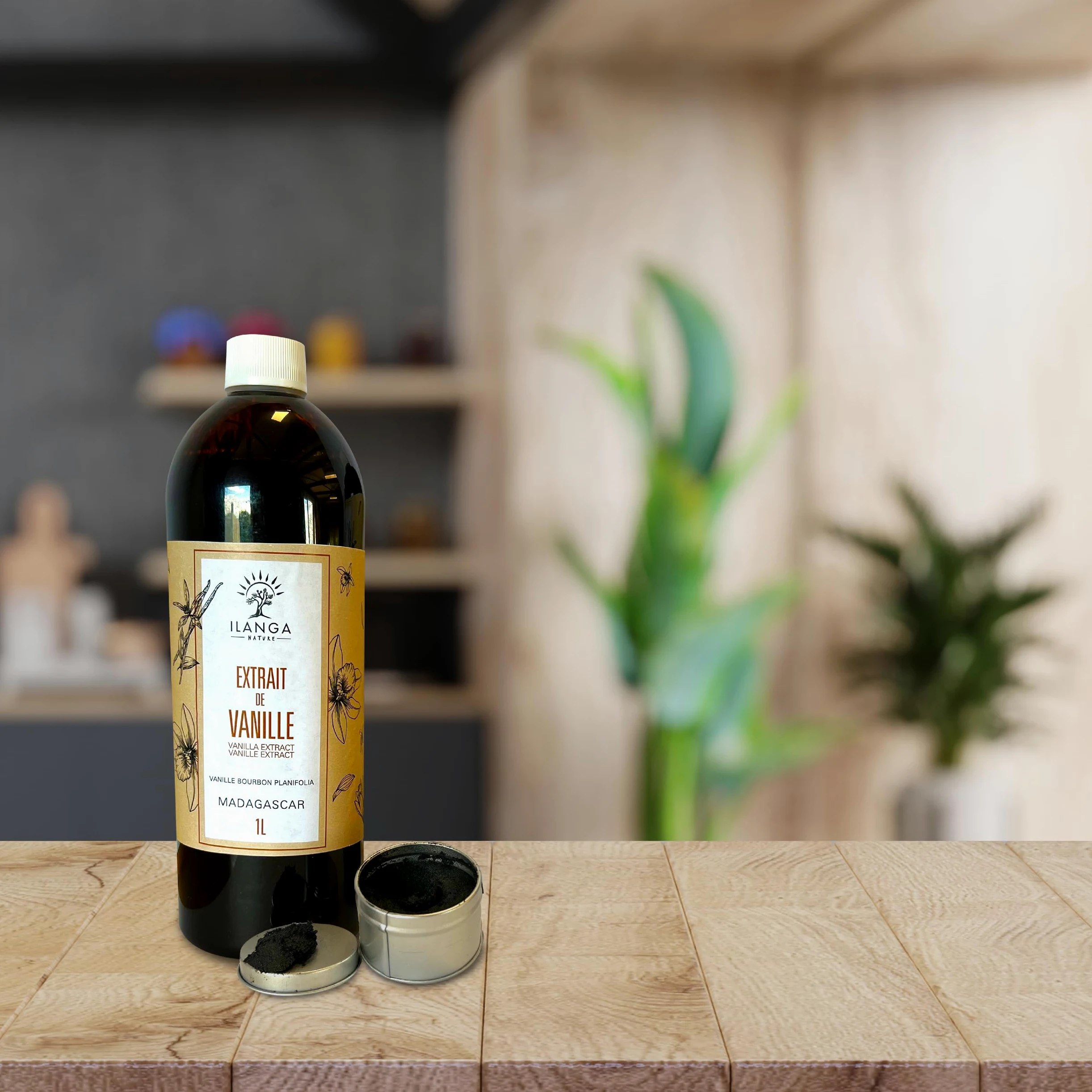 Ilanga Nature Extracto de vainilla Bourbon 1L, sin semillas (200 g/L), extracto natural de vainilla de Madagascar, ideal para repostería, postres, helados, café y bebidas