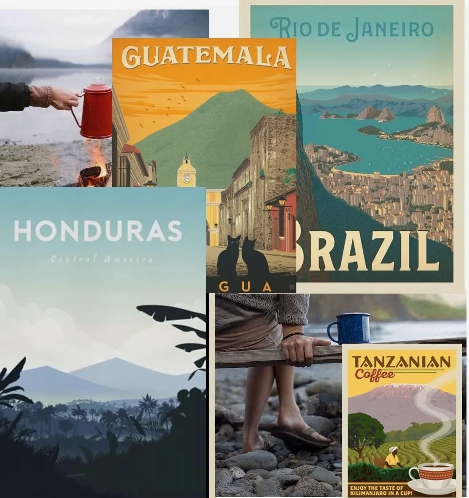 Café pack 4 x 250g en Grano - Seleccion mejores Cafes del mundo Arabicas +Brasil Colombia Etiopia y Tanzania + Caja regalo + Taza vintage - Maxima calidad avalada por la SCA