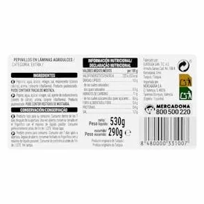 Pepinillos agridulces laminados Hacendado Tarro 530 g (290 g escurrido) Pack 2