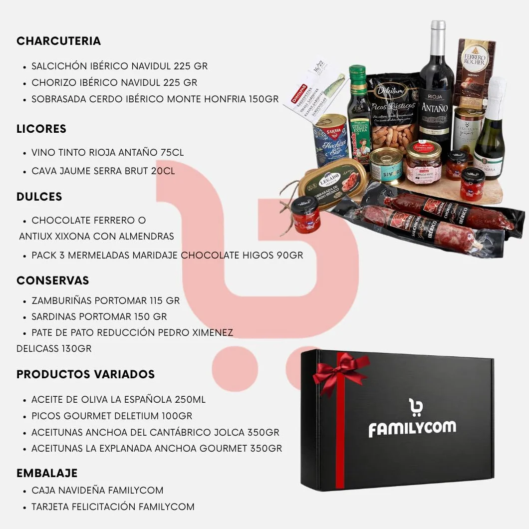 FAMILYCOM Cesta Gourmet para regalar - Surtido con Chocolates originales de regalo - Lote de embutidos, Conservas, Selección de vinos, Champagne, Aceite De Oliva Virgen - Regalo Hombre, Mujer