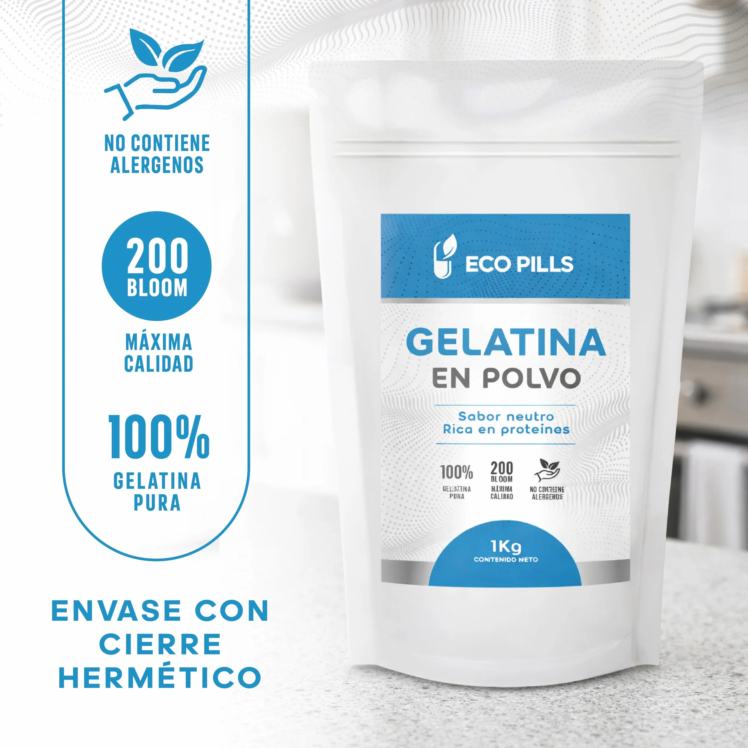 Gelatina en Polvo 1 kg, Sin Sabor, 220 Bloom, 100% Pura, Alta en Proteínas, Fácil de Disolver, Ideal para Repostería, Postres, Batidos, Caldos y Sopas (1Kg)