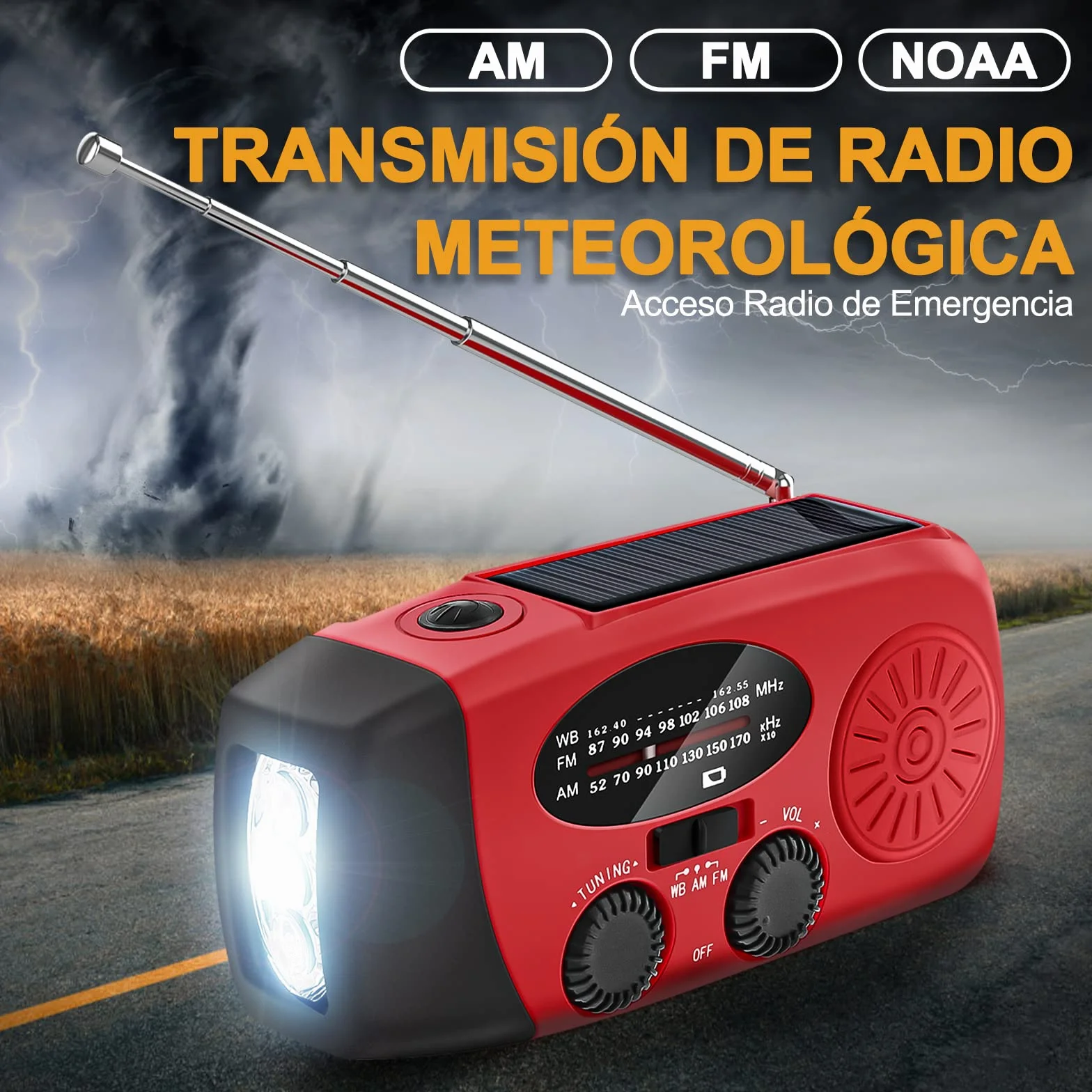 Radio Solar de Emergencia FM/AM/NOAA Portátil Manivela 2000mAh Power Bank Linterna SOS Recargable Camping