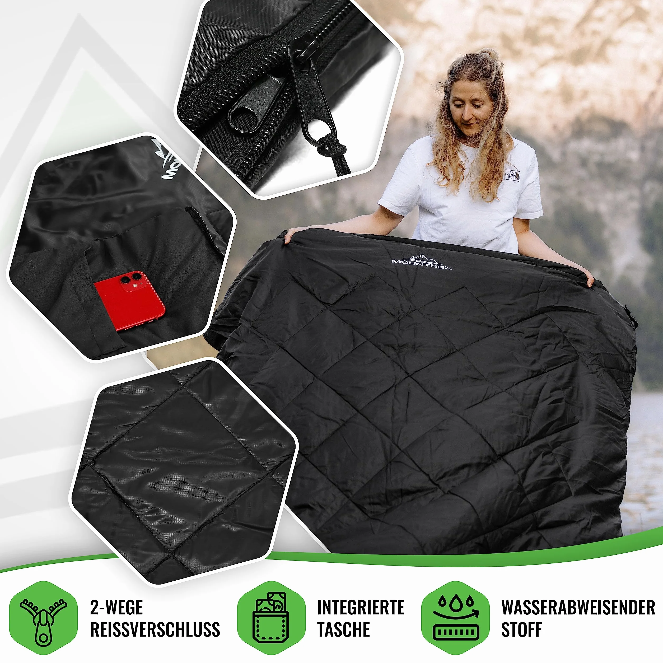MOUNTREX Saco de dormir doble de verano para 2 personas (210 x 150 cm), saco de dormir XXL de verano con 2 almohadas para adultos, camping, exterior e interior