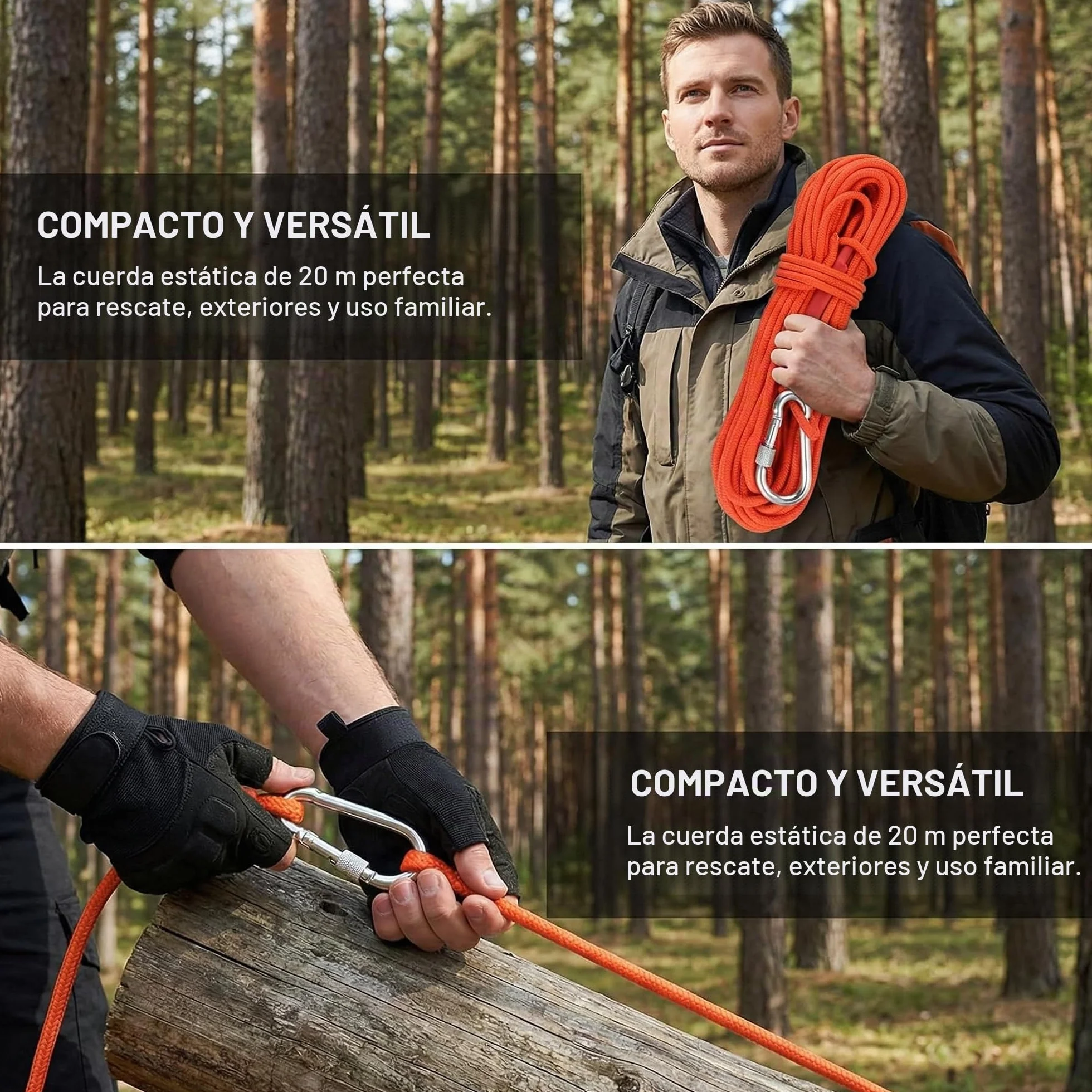 Cuerda de Escalada Auxiliar 20m 6mm con Mosquetón Naranja Multiusos