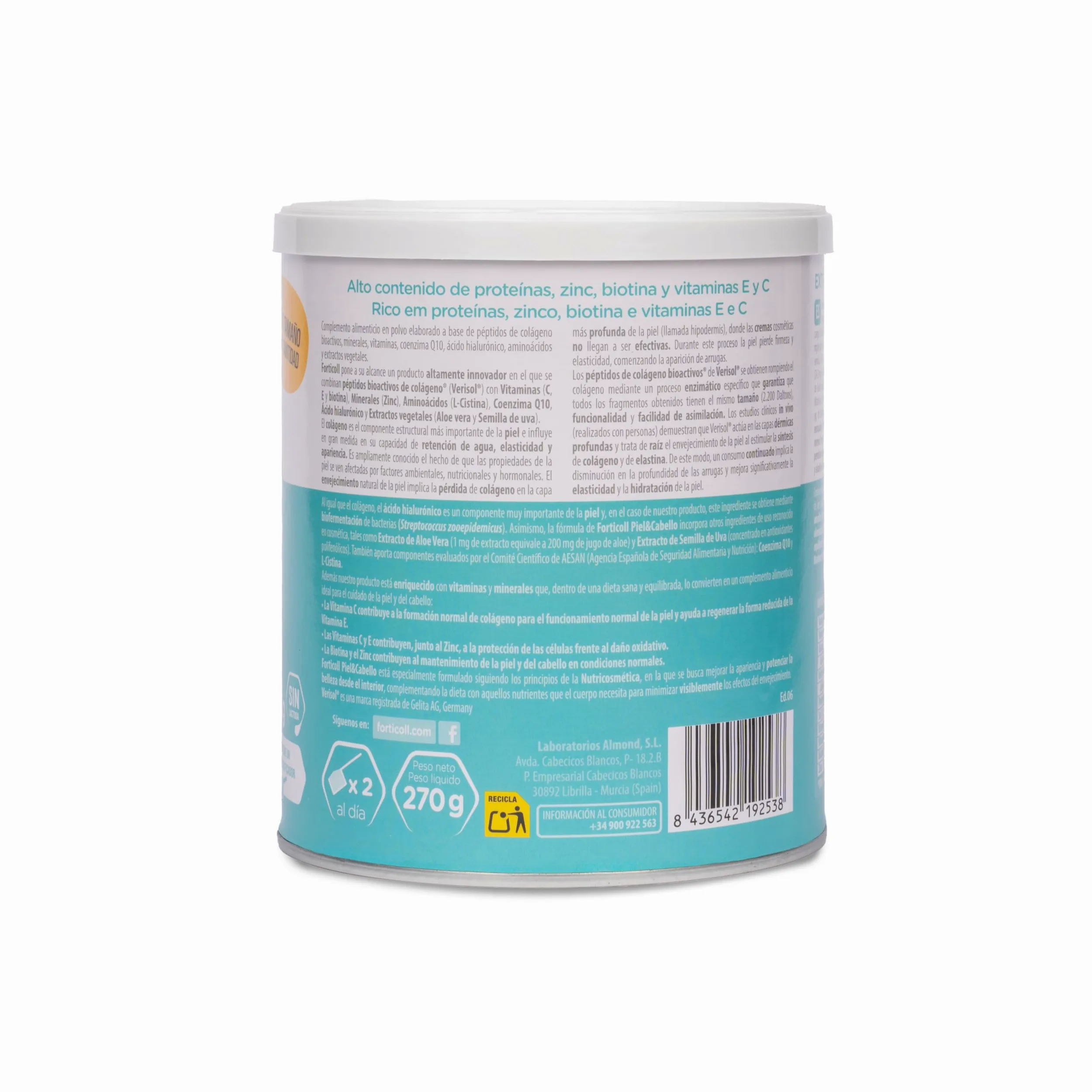 FORTICOLL Colágeno Bioactivo, Complemento Alimenticio, Sin Gluten, Sin Lactosa, Piel y Cabello Regenerador de Tejidos, 270 Gramos, Pack 6 Unidades