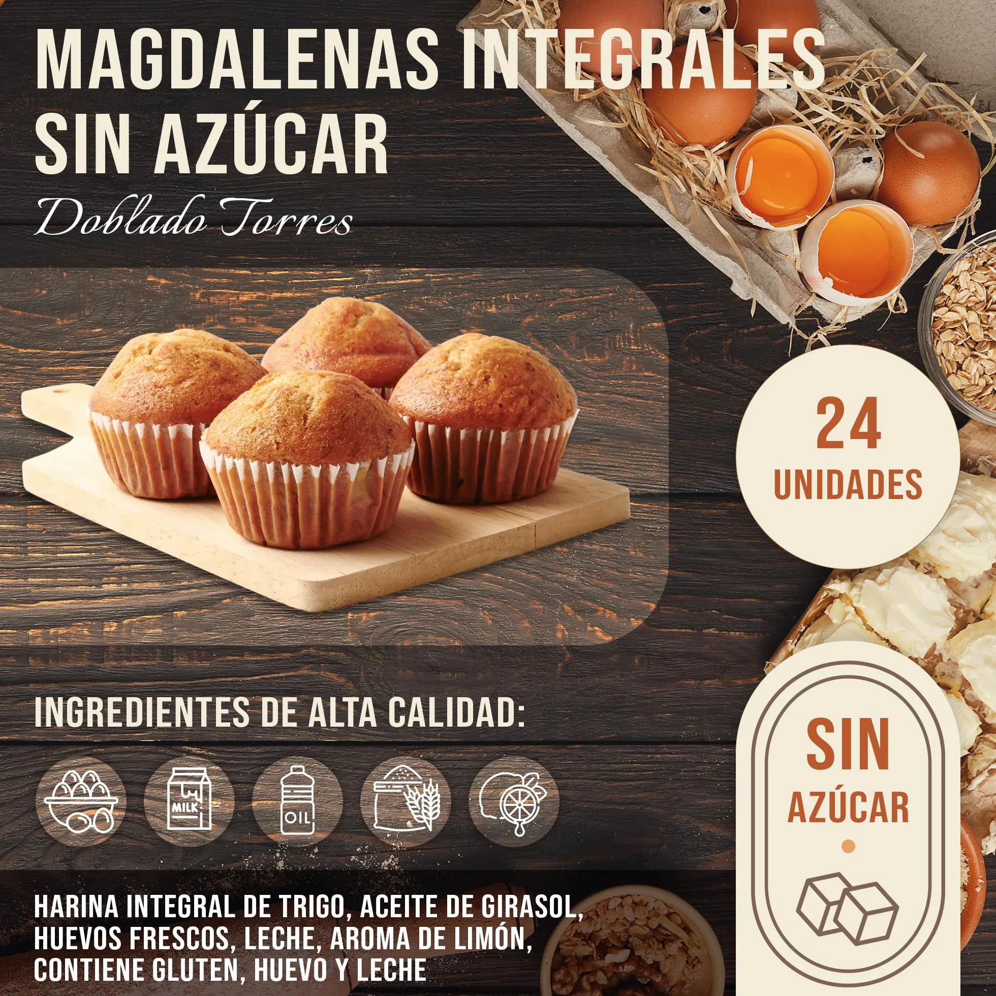 Doblado Torres Magdalenas Integral Sin Azúcar - Magdalenas Caseras con Huevos Frescos. Bollería Sin Azúcar. Ideal para un Desayuno Saludable. Envasadas Individualmente 24 unidades