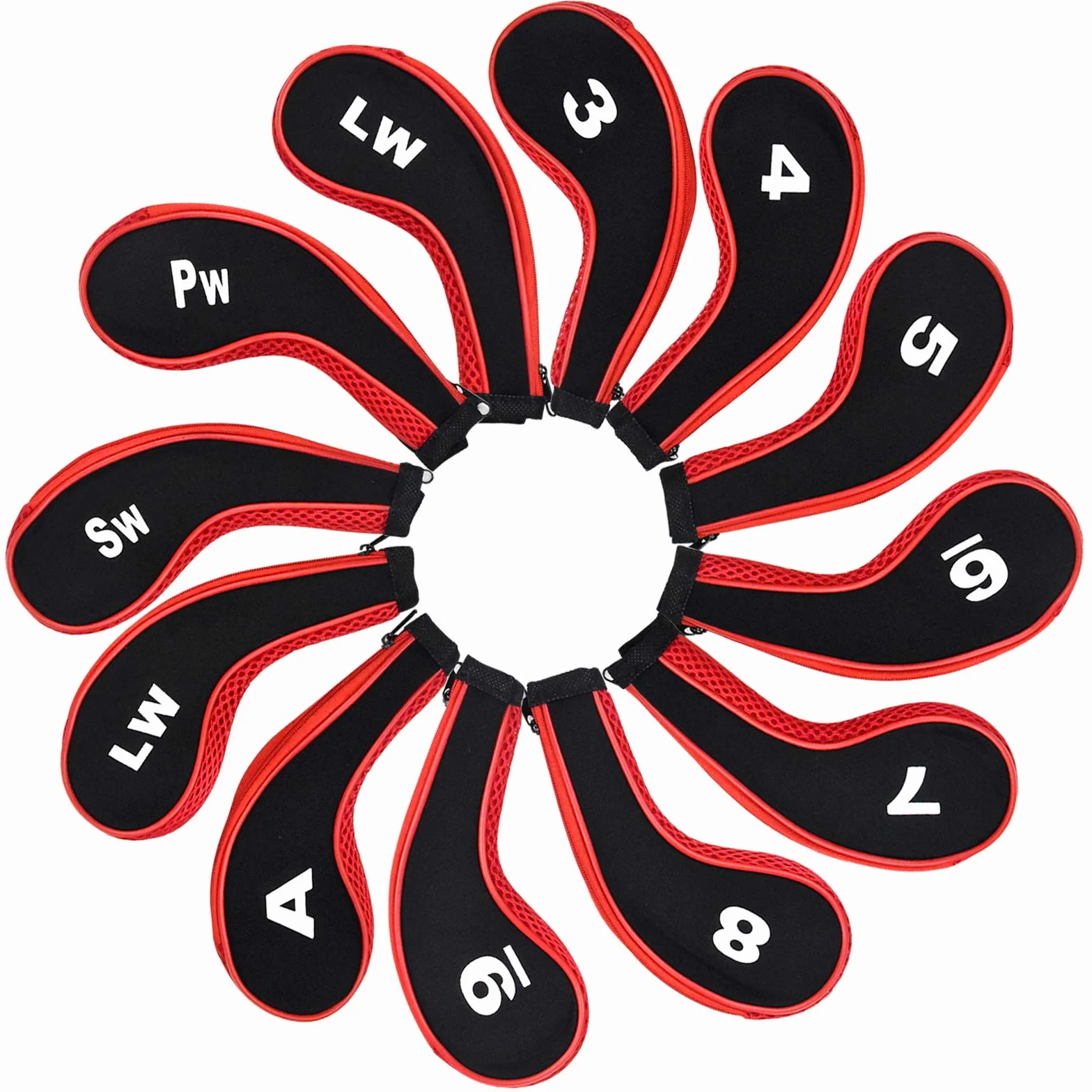 Fundas de Hierro para Palos de Golf 12 Piezas Números 3-9 A/SW/PW Cremallera Cuello Largo Rojo