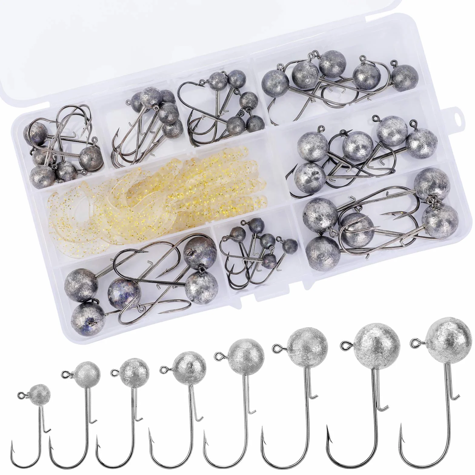 Gancho de Pesca 40pcs, Plantilla de Pesca con Señuelos Suaves, Anzuelo de Plomo 2g 3.5g 5g 7g 10g 14g 17g 20g, para Agua Salada y Dulce