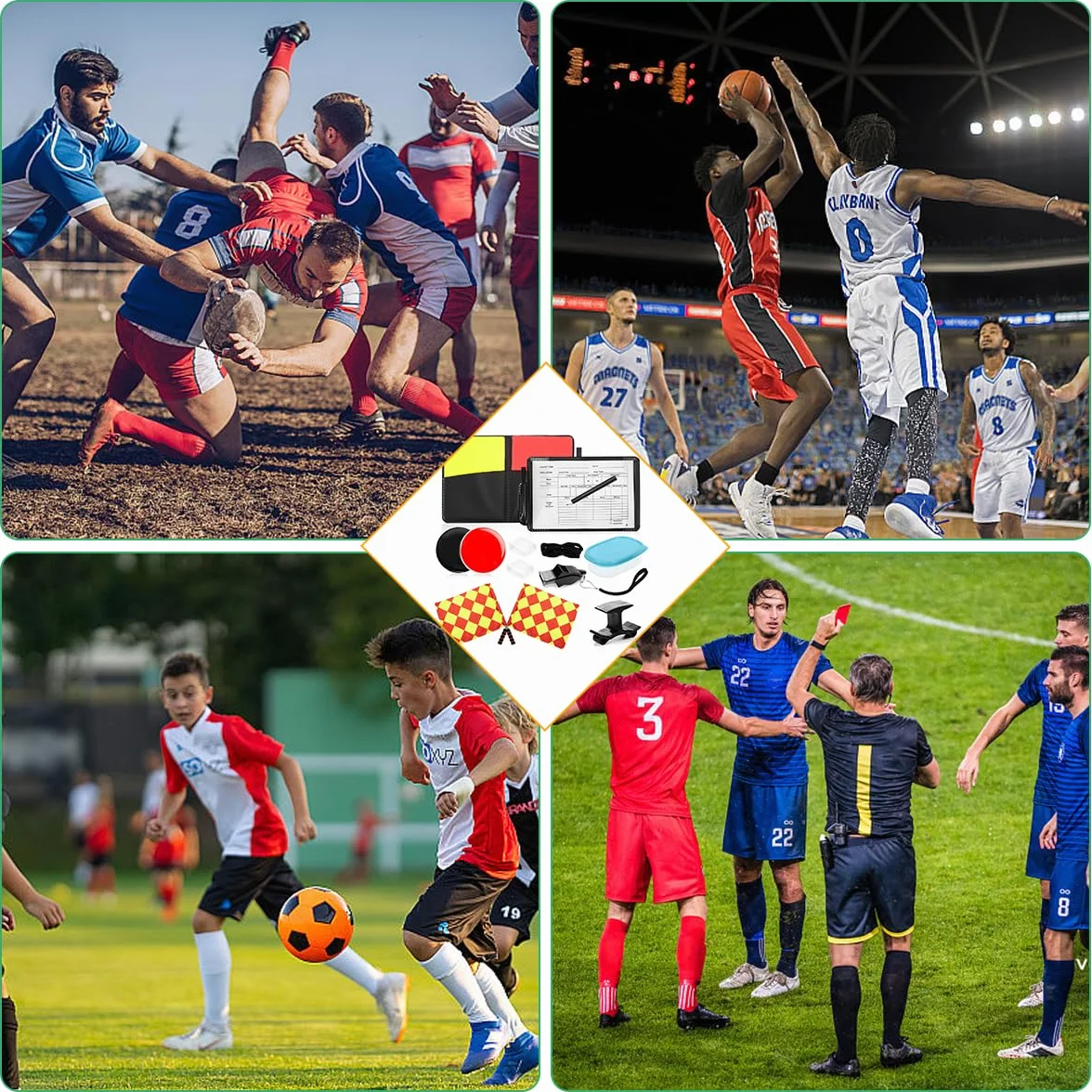 Kit de Tarjetas de Árbitro de Deportes, Rojas y Amarillas, Silbato, Banderas para Fútbol Escolar