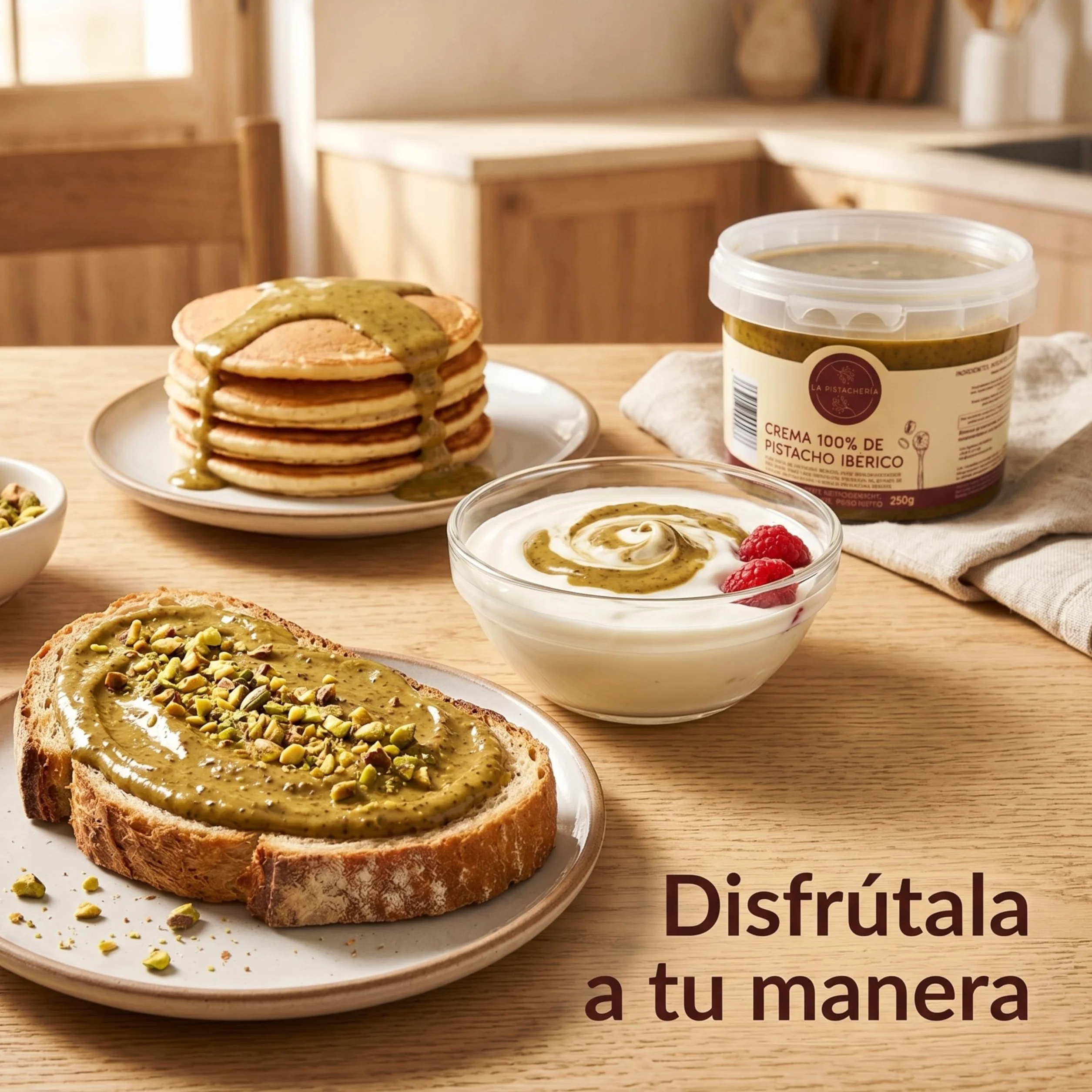 Crema 100% de Pistacho Ibérico – Pasta Pura de Pistacho Natural sin Azúcar ni Aditivos – Textura Cremosa para Postres, Repostería, Desayunos y Recetas Saladas - La Pistachería (250 gr)