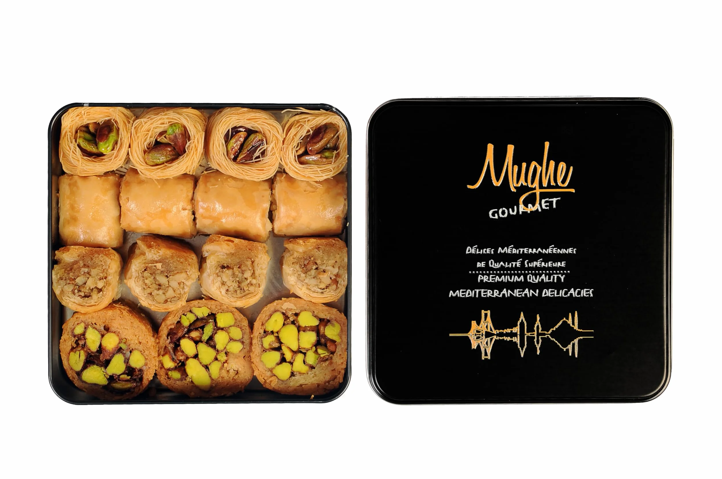 Mughe Gourmet - Caja de regalo elegante de surtido de Baklava - Baklawa Pequeños postres en tamaño bocado de pistacho, anacardo, avellana y nuez - 250g - Perfecto para cumpleaños, Navidad, Eid y más