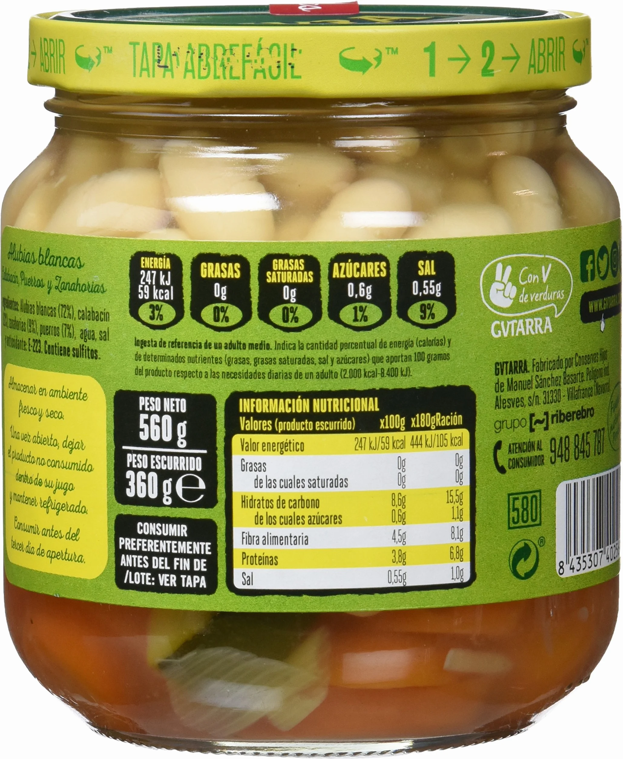 Gvtarra Tus Primeros Alubia Blanca, Puerro, Calabacín y Zanahoria. Legumbre - Paquete de 6 x 360 gr - Total: 2160 gr