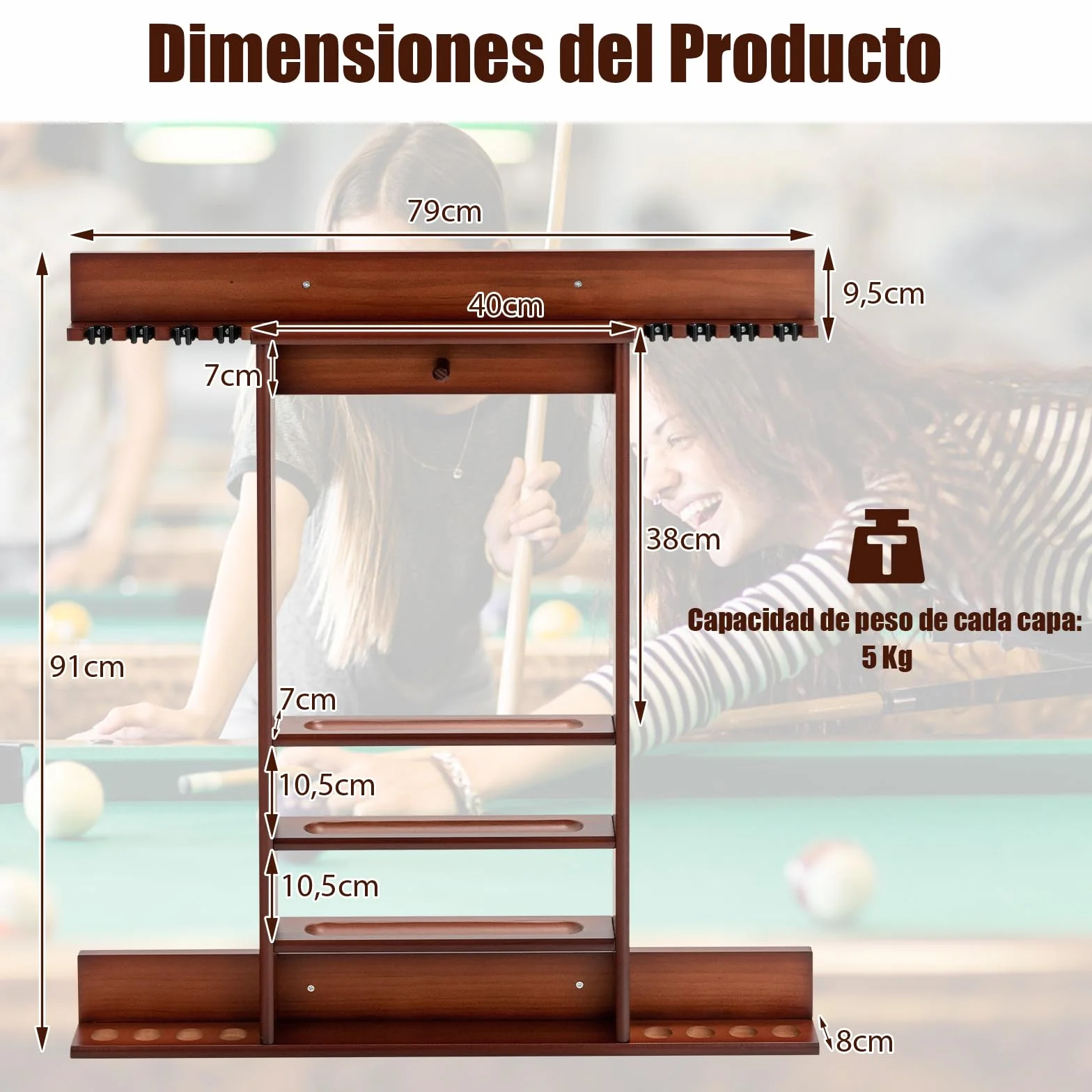 GOPLUS Soporte para Tacos de Billar de Madera de Pino, 8 Tacos, 15 Bolas y Accesorios, Taquera de Pared Marrón
