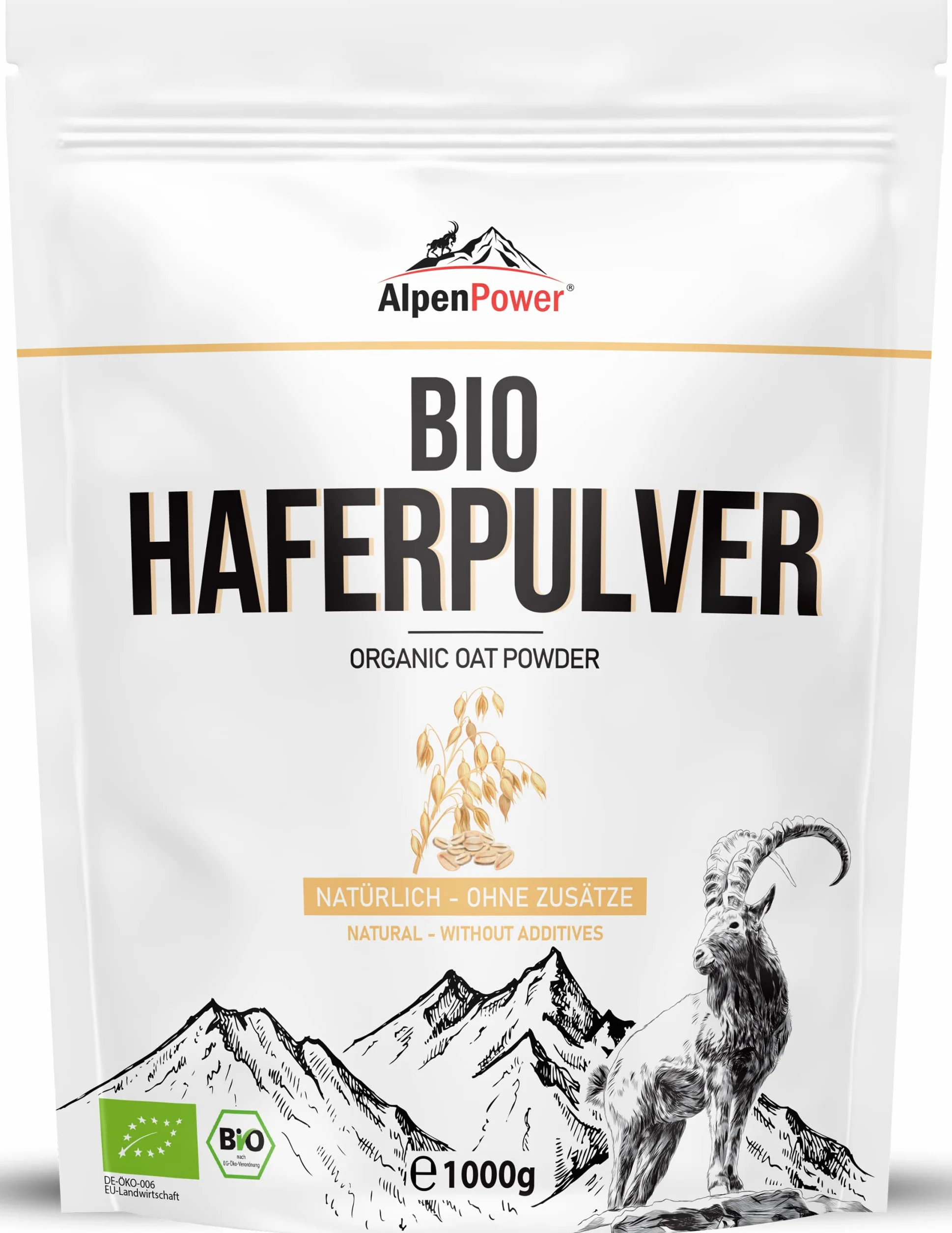 AlpenPower Avena Orgánica en polvo 1 kg - 100% pura avena integral en polvo sin aditivos - Sin gluten y rico en carbohidratos complejos
