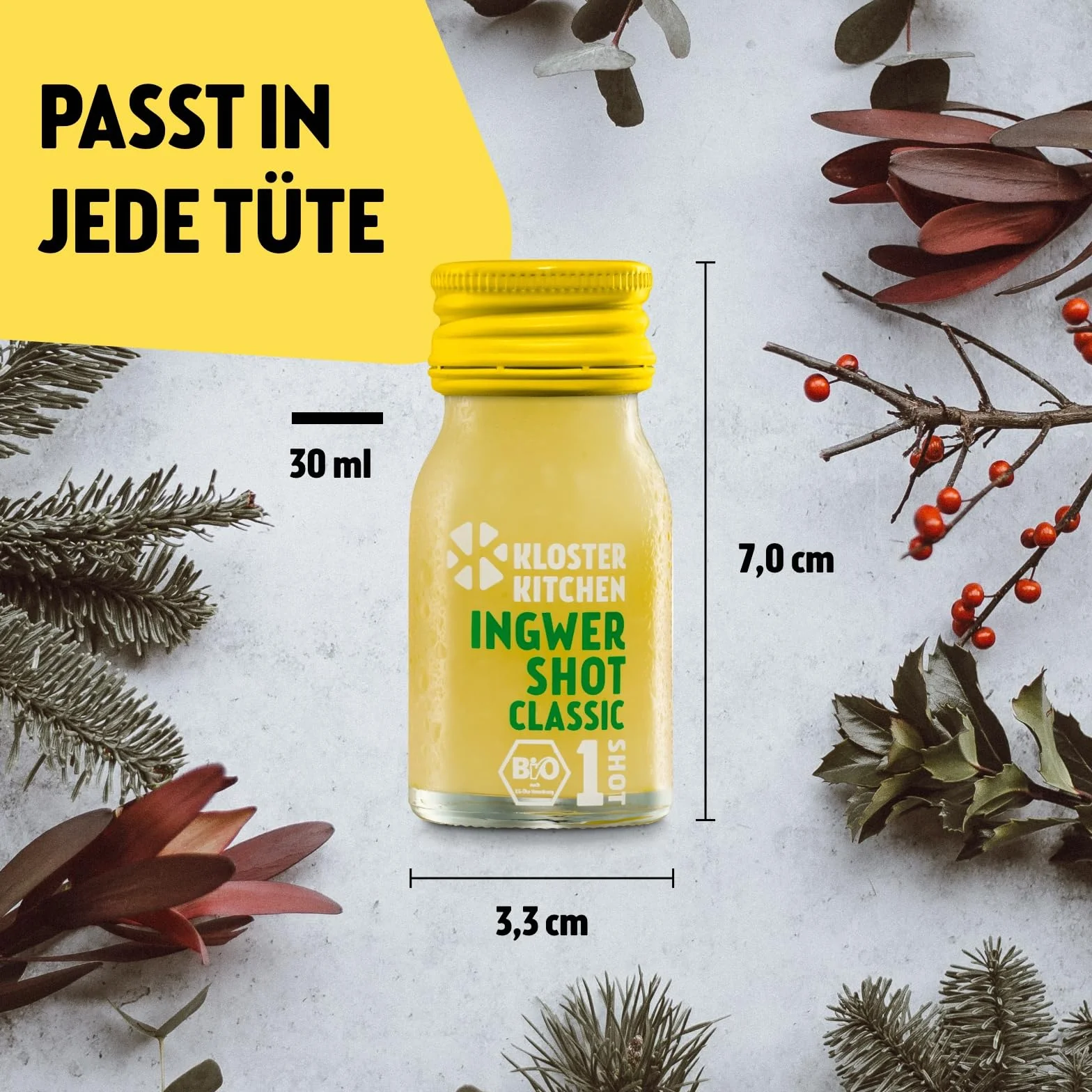 Kloster Kitchen Mezcla de jengibre orgánico 14 botellas 30 ml con trozos de jengibre vidrio vegano