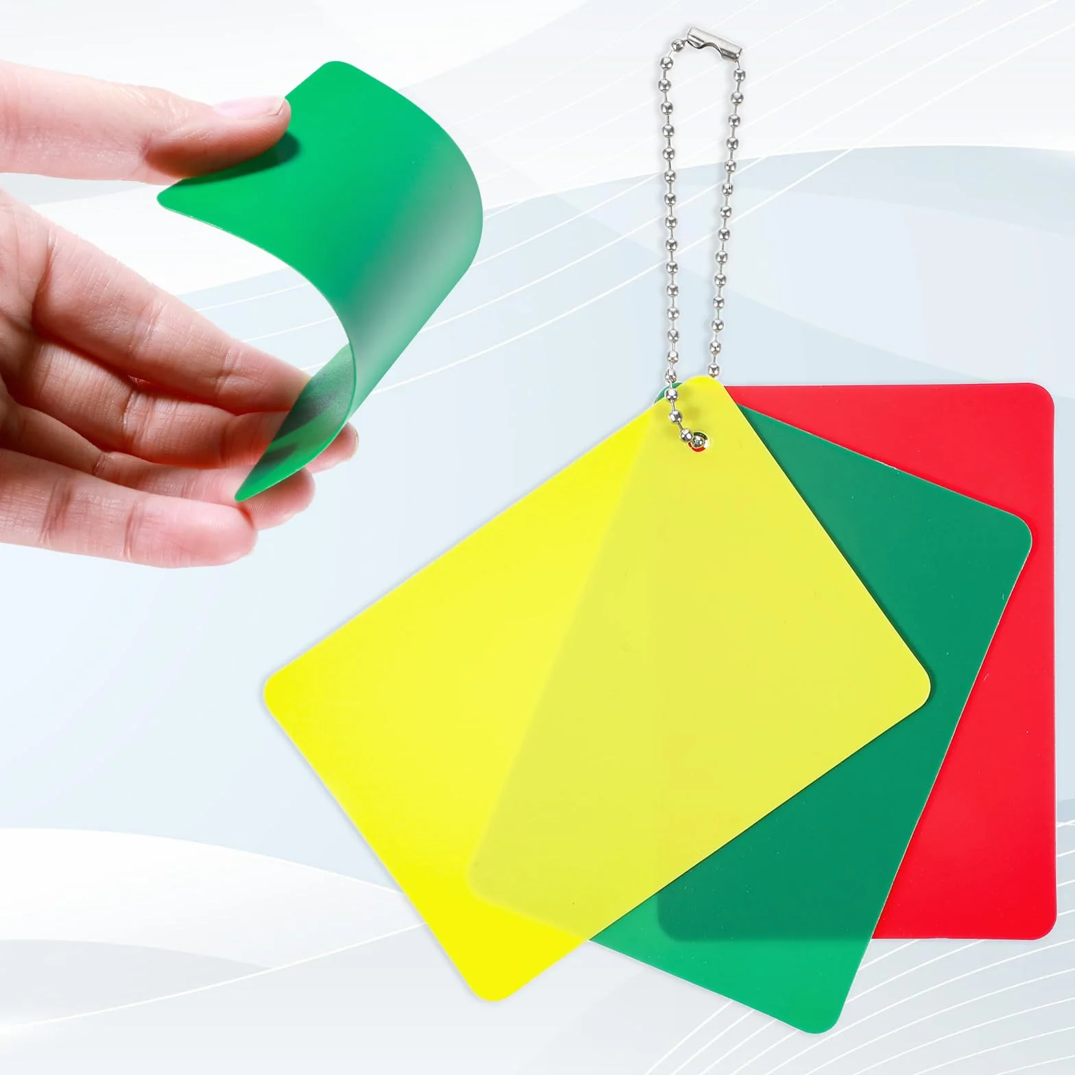 Tarjetas de fútbol verde, rojo y amarillo para árbitro penales, advertencia, expulsión