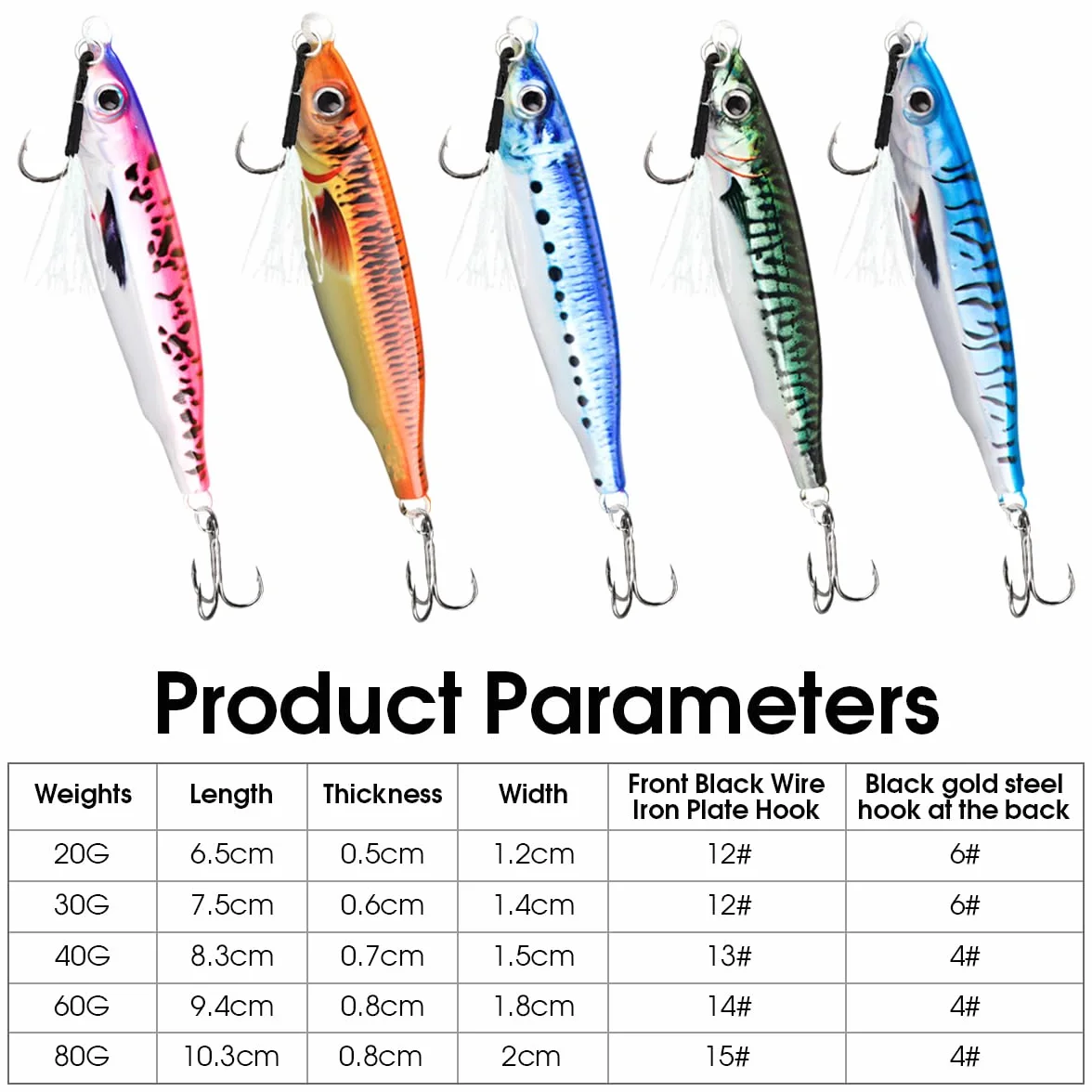 WASAGA Señuelos de Pesca Hundidos Impresión 3D 5 Piezas 20g-80g Cebo Giratorio Metal Duro Agua Salada Dulce Lubina Caballa Jigging