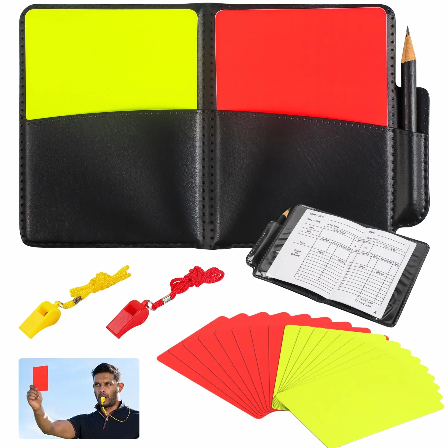 Kit de Tarjetas de Árbitro Fútbol, Juego con Silbato, Tarjetas Roja y Amarilla PVC