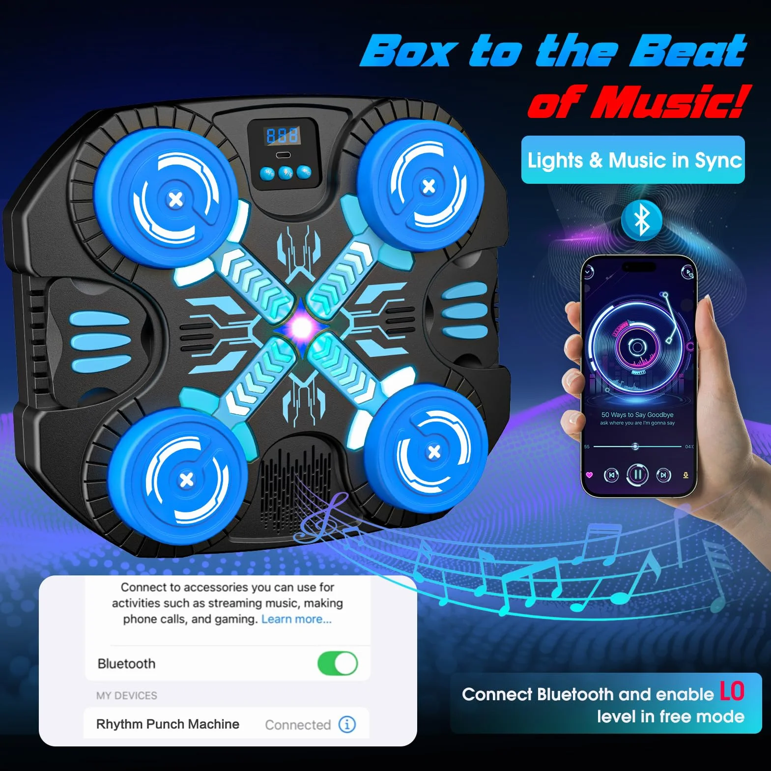 Máquina de Boxeo Musical para Niños con Guantes, Bluetooth, 3 Modos de Juego, Pantalla LED, Saco de Boxeo de Pared, Juguete 3-12 años