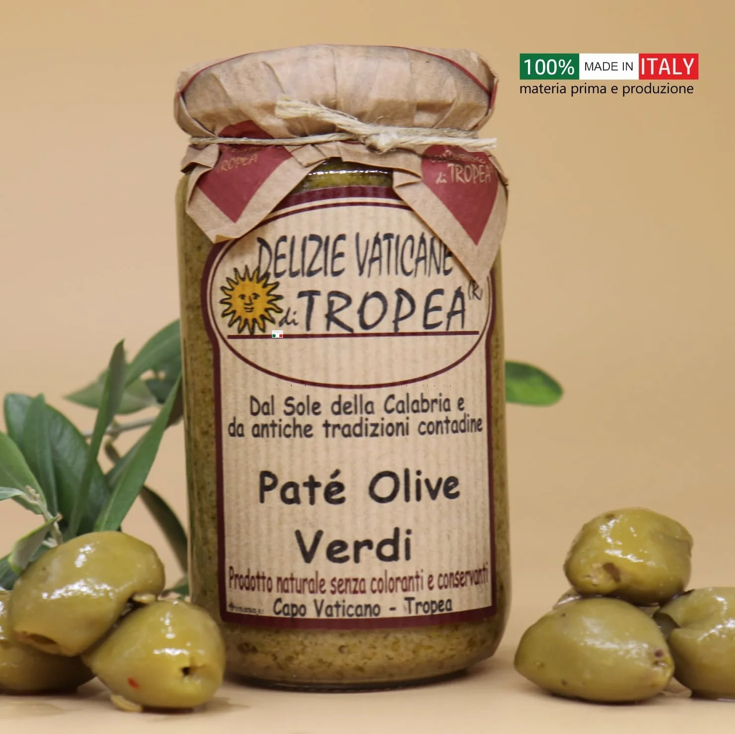 Paté de Aceitunas Verdes 180g | Delicia Calabresa – Perfecto para Bruschetta, Pasta y Queso | Auténtica Salsa Gourmet Italiana por Delizie Vaticane di Tropea