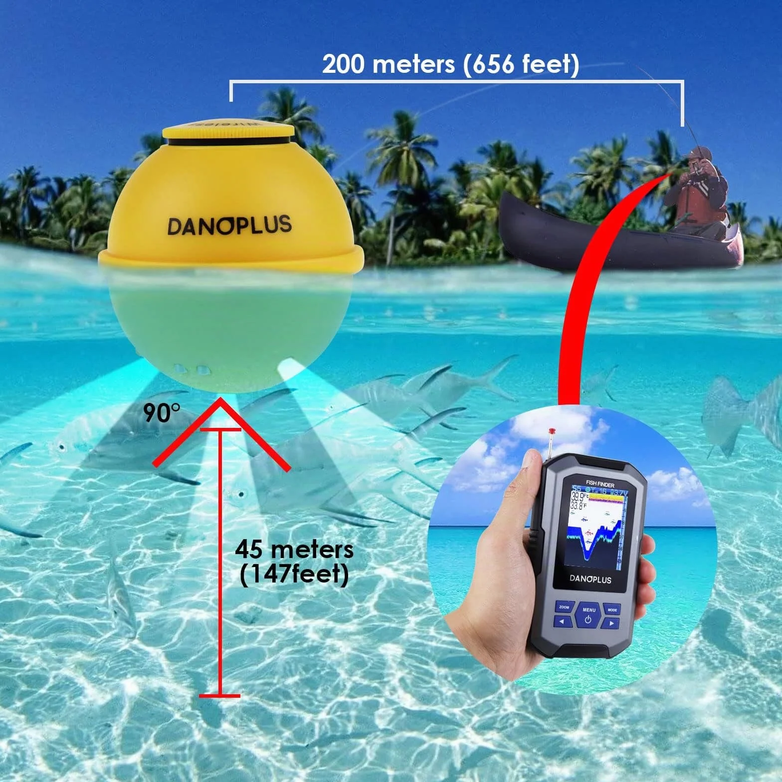 Buscador de peces inalámbrico portátil con sensor de sonar de 155 pies, detección de profundidad recargable