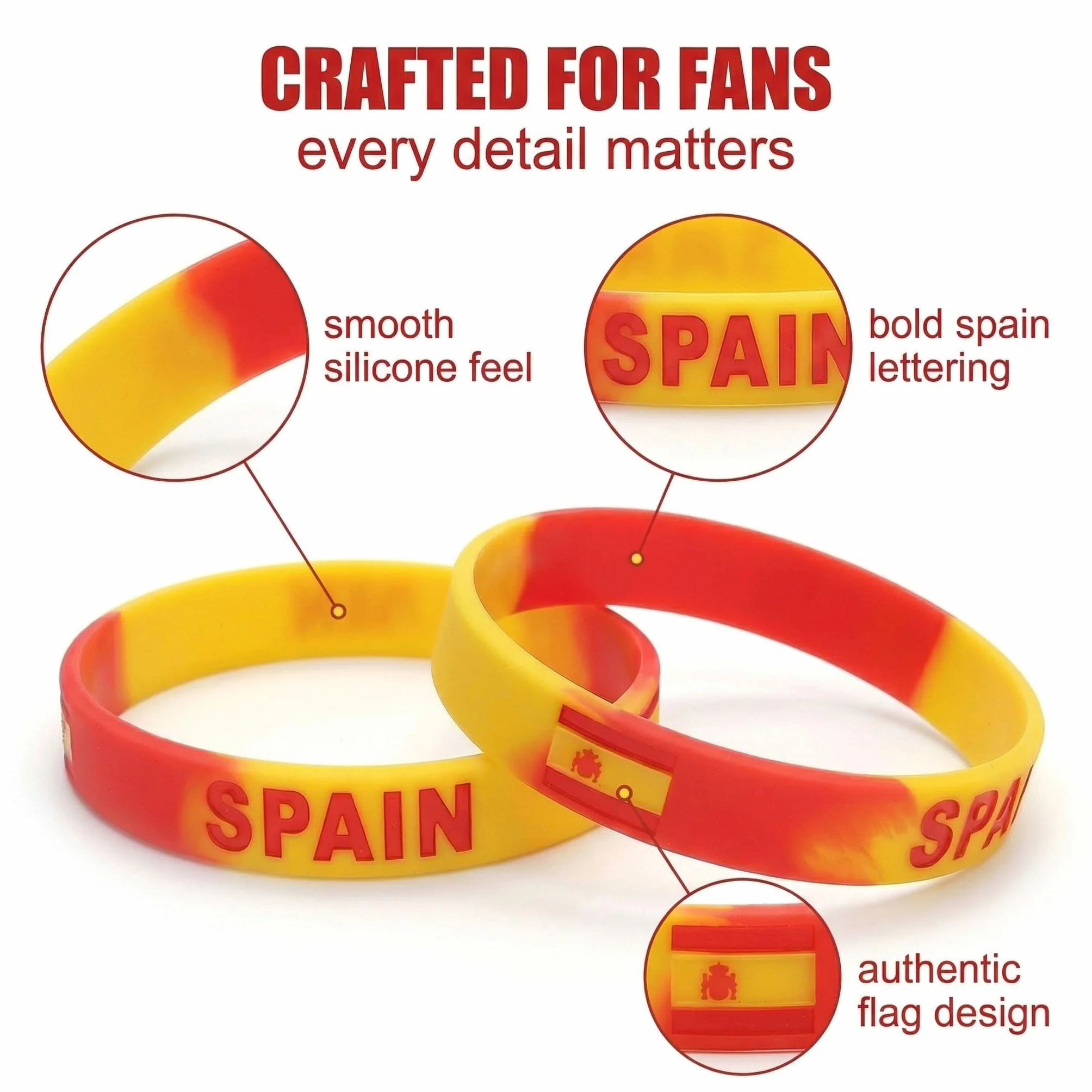 Pulseras España de Silicona 20cm Pack de 3, Brazalete Bandera España para Eventos Deportivos y Fiestas, Accesorios Aficionados Rojo