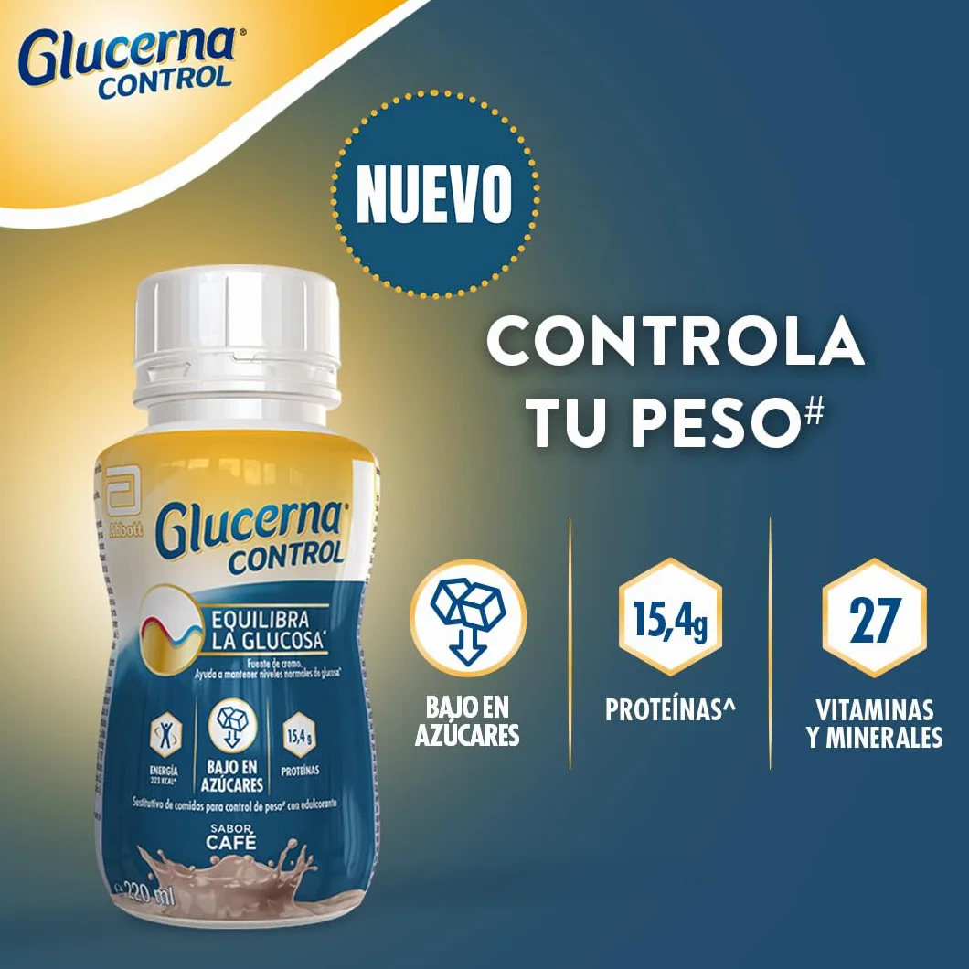 Glucerna Control sabor café, sustitutivo de comidas listo para tomar, equilibrio de glucosa gracias al cromo, pack 8x220ml