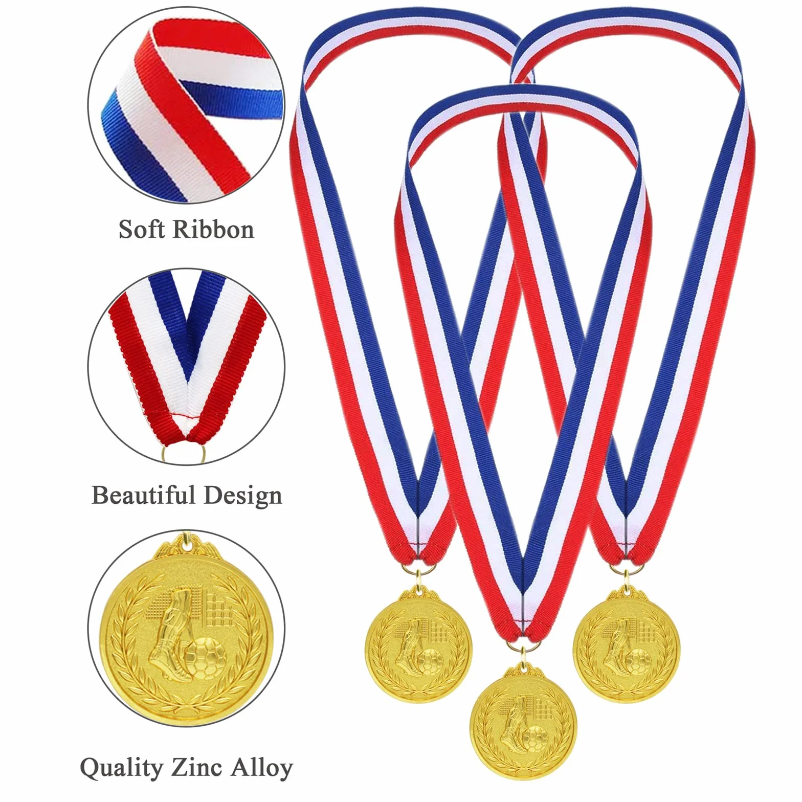 Donrime Medallas Niños Metal Futbol, Paquete de 12 Medallas de Metal Dorado con Cinta Tricolor