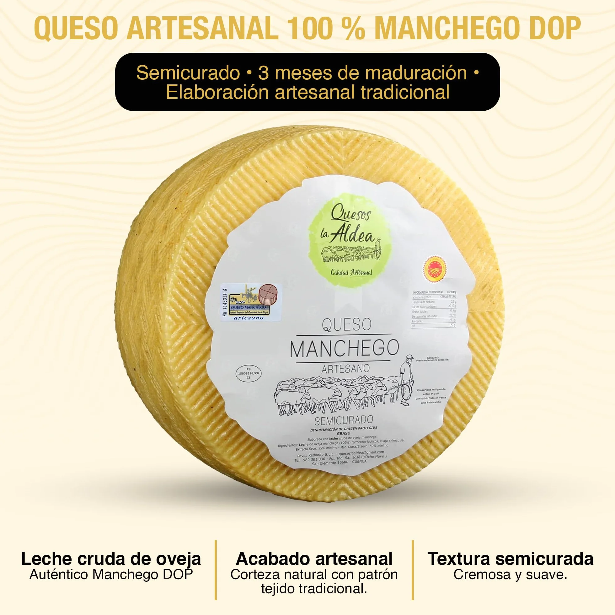 Queso Manchego Artesano Semicurado 3 kg Leche de Oveja D.O. La Mancha Gourmet Regalo