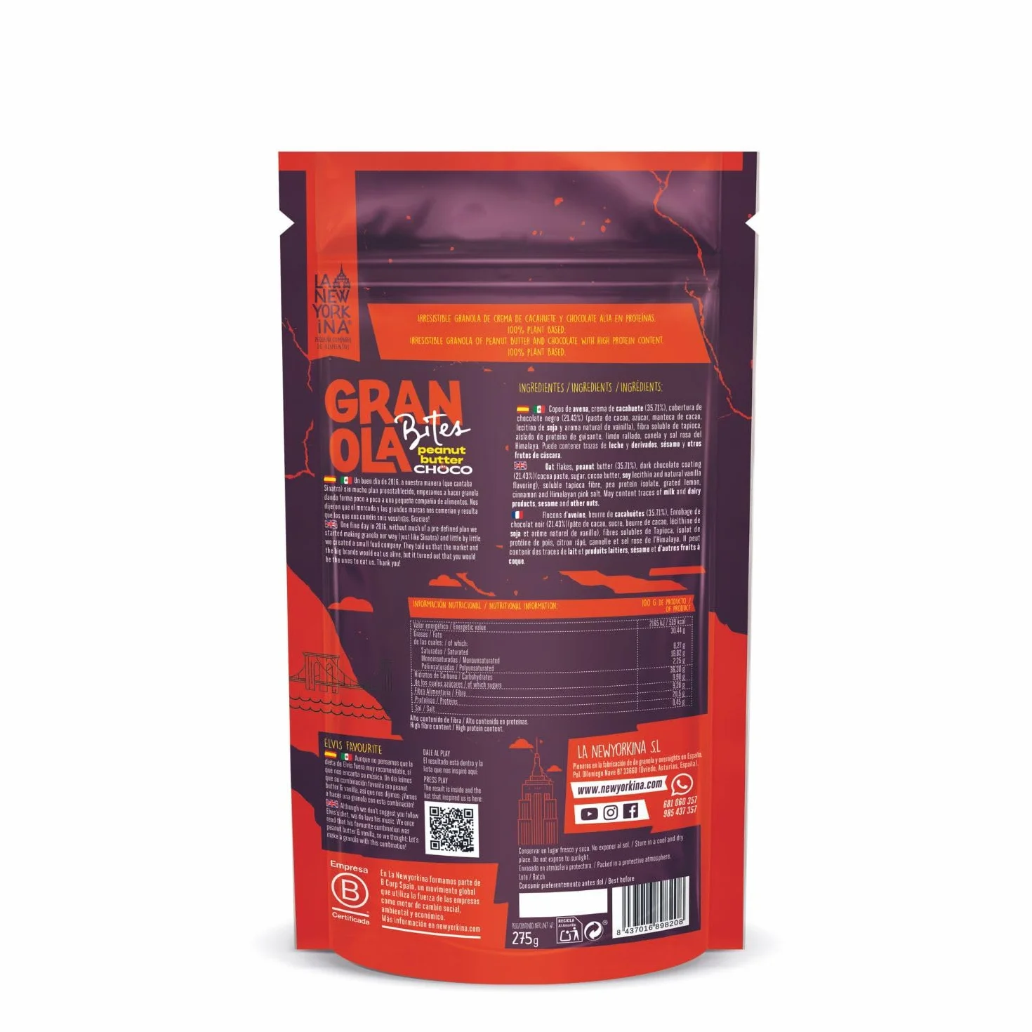 LA NEWYORKINA BITES Pack 2 Granola Peanut Butter Chocolate con avena y crema de cacahuete. Con mucho chocolate con un mínimo del 70% de cacao. Envase de 275gr
