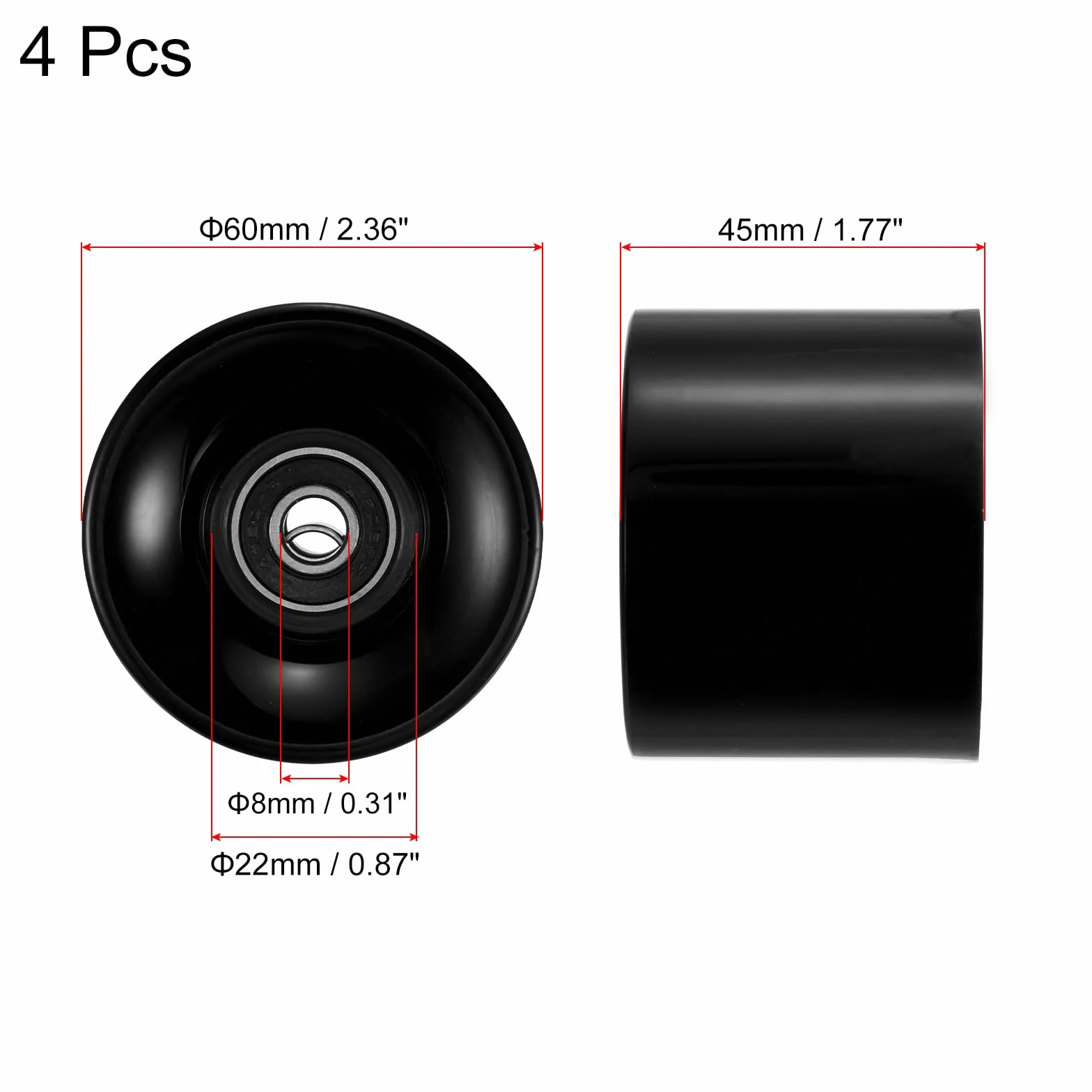 PATIKIL 60mm Longboard Ruedas con Rodamientos ABEC-9 80A 4 Paquetes Negro