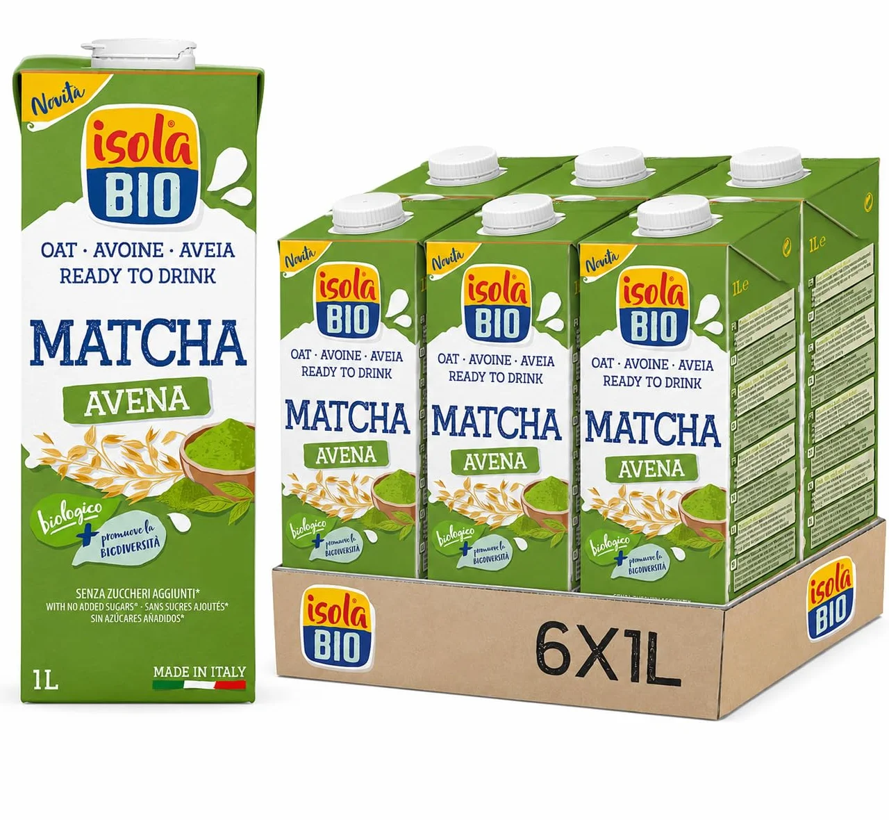 ISOLA BIO - Pack de 6 Unidades de 1 L de Bebida Ecológica Vegetal de Avena y Matcha - Sin Azúcar Añadido - Apto para Veganos - Ideal para Tomar Sola o en Batidos