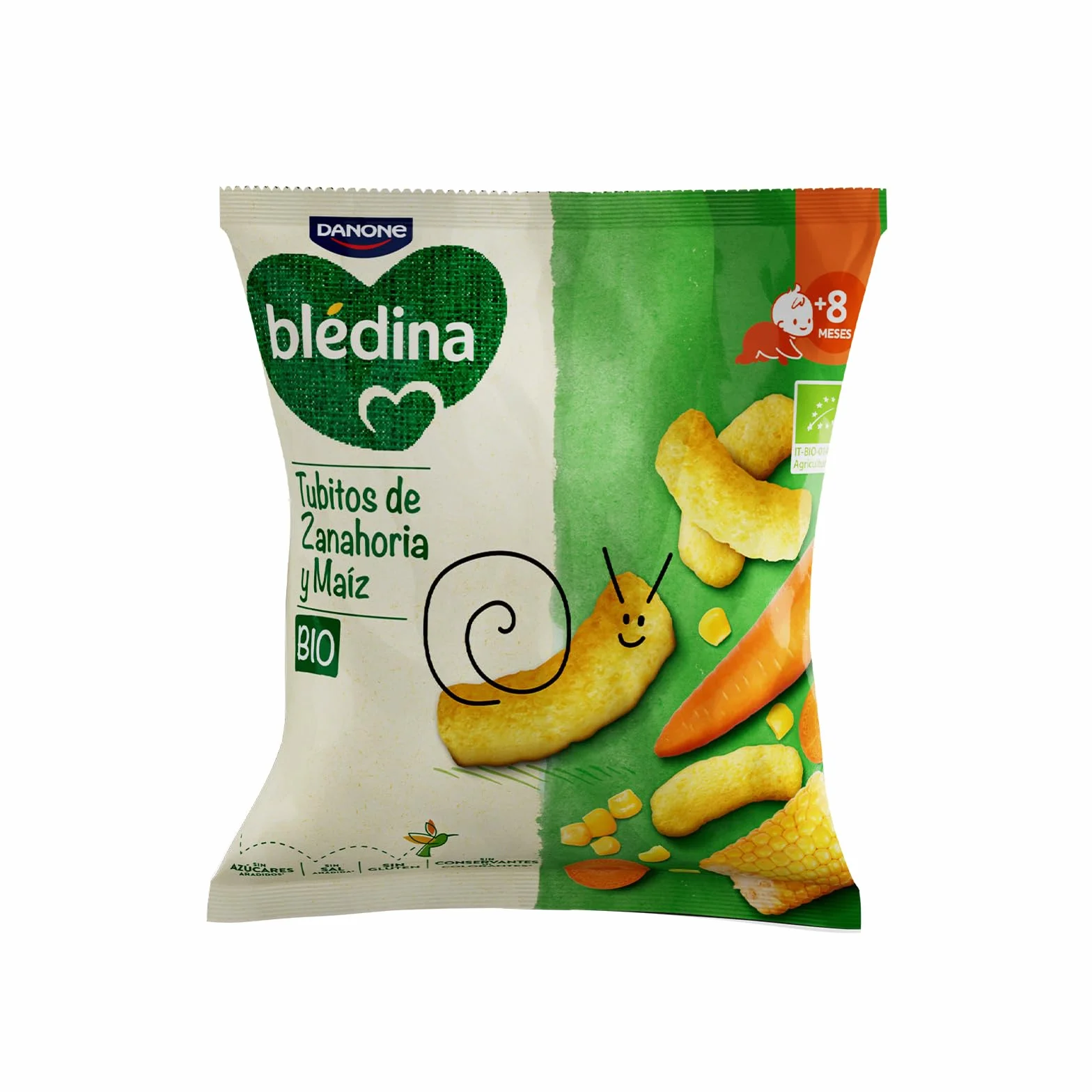 Blédina Snack BIO, Bolsa de Snack Saludable para niños sabor Zanahoria y Maíz. Tubitos Sin Gluten, Sin Conservantes Ni Colorantes y Sin Sal Ni Azúcares Añadidos. Desde los 8 Meses, 20g