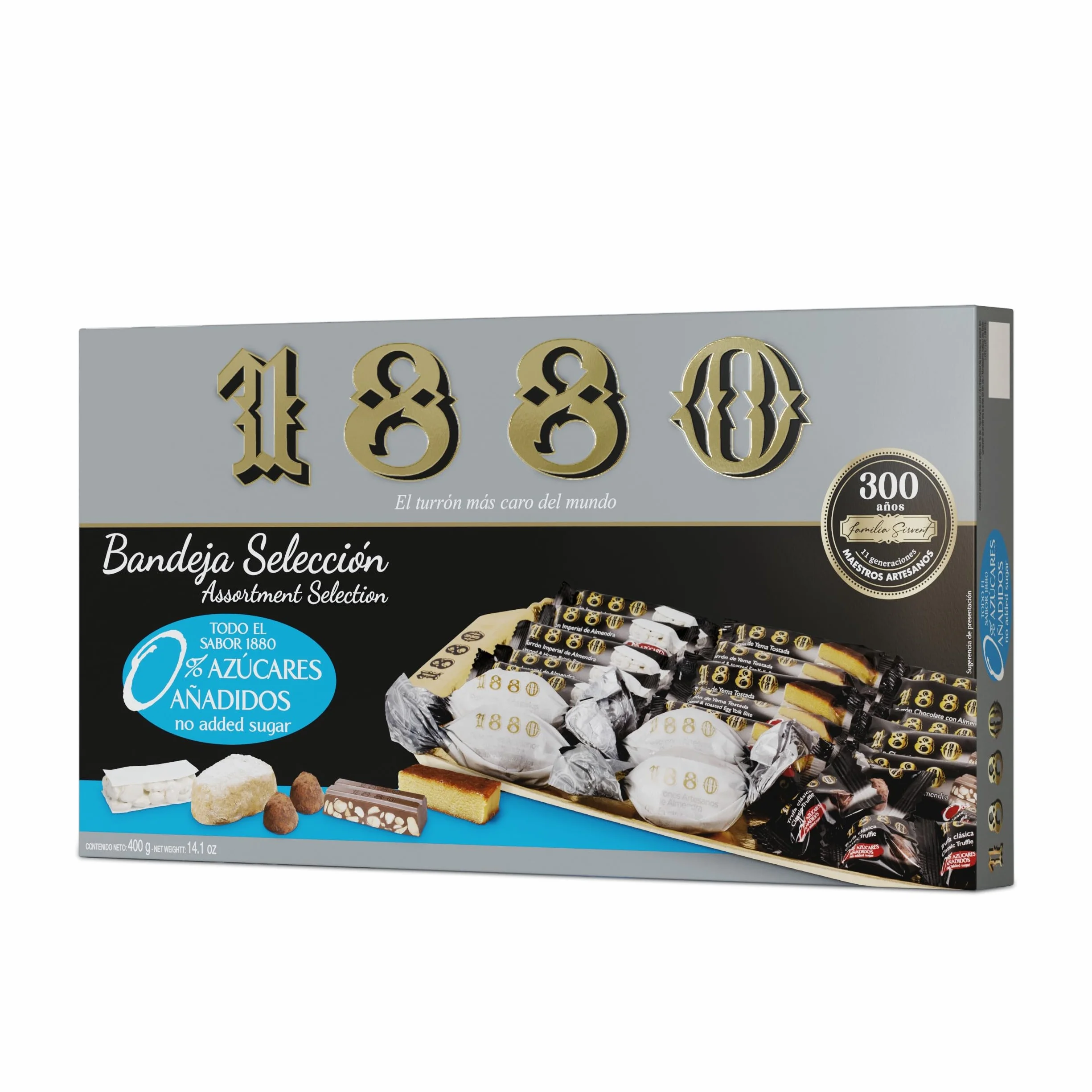 1880 - Bandeja Selección 0% Azúcares Añadidos, Caja, El Turrón más Caro del Mundo, Selección Navidad Calidad Suprema, Típico Dulce Navideño, Receta Artesanal, Listo para Servir, 400g