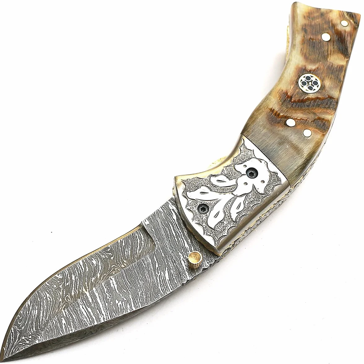 Cuchillo plegable navaja de bolsillo acero Damasco funda cuero artesanal forjado a mano