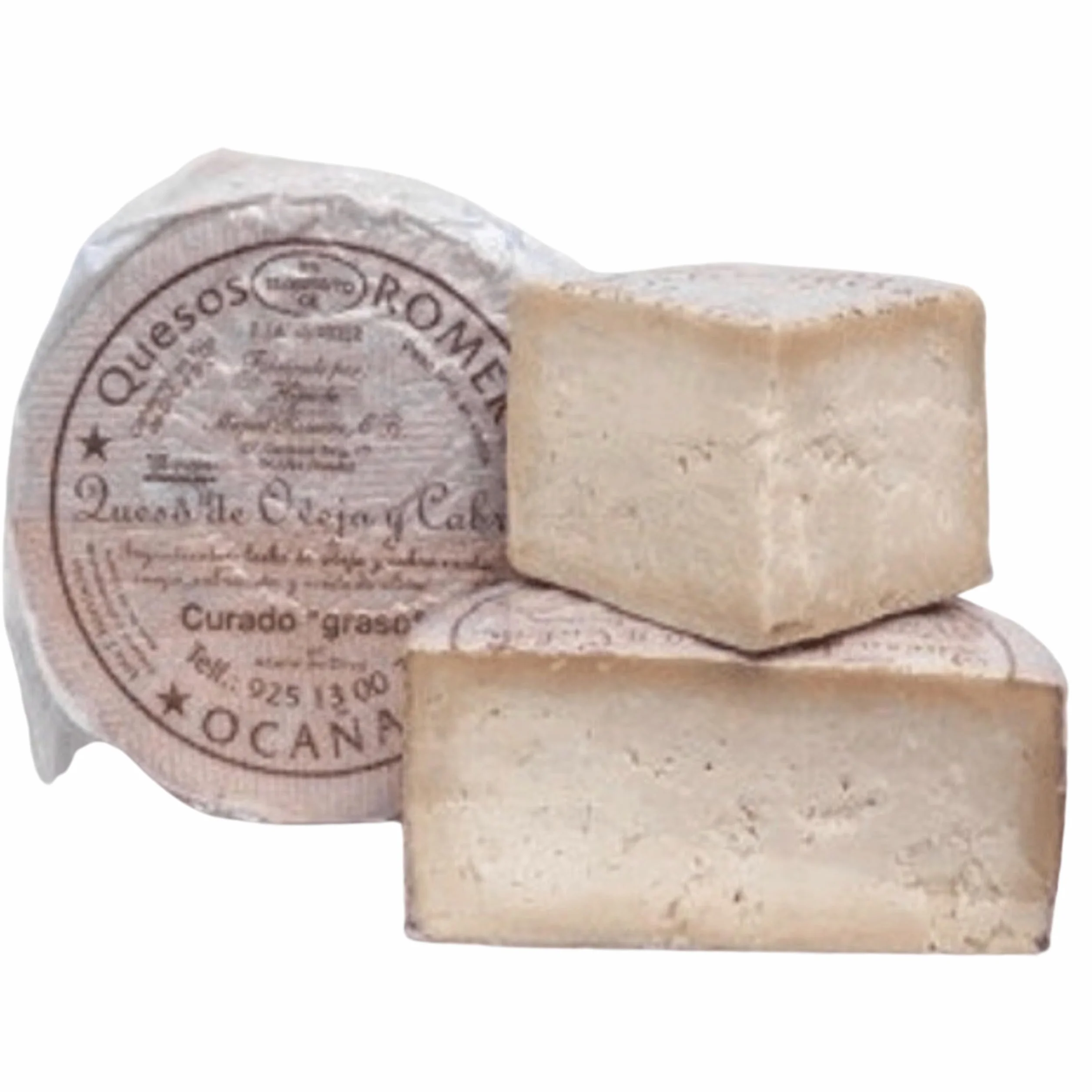 1/2 QUESO ROMERO OCAÑA para paladares exquisitos, graso, mantecoso, con pique, granuloso y quebradizo, color ocre, debido a su larga maduración de hasta 2 años