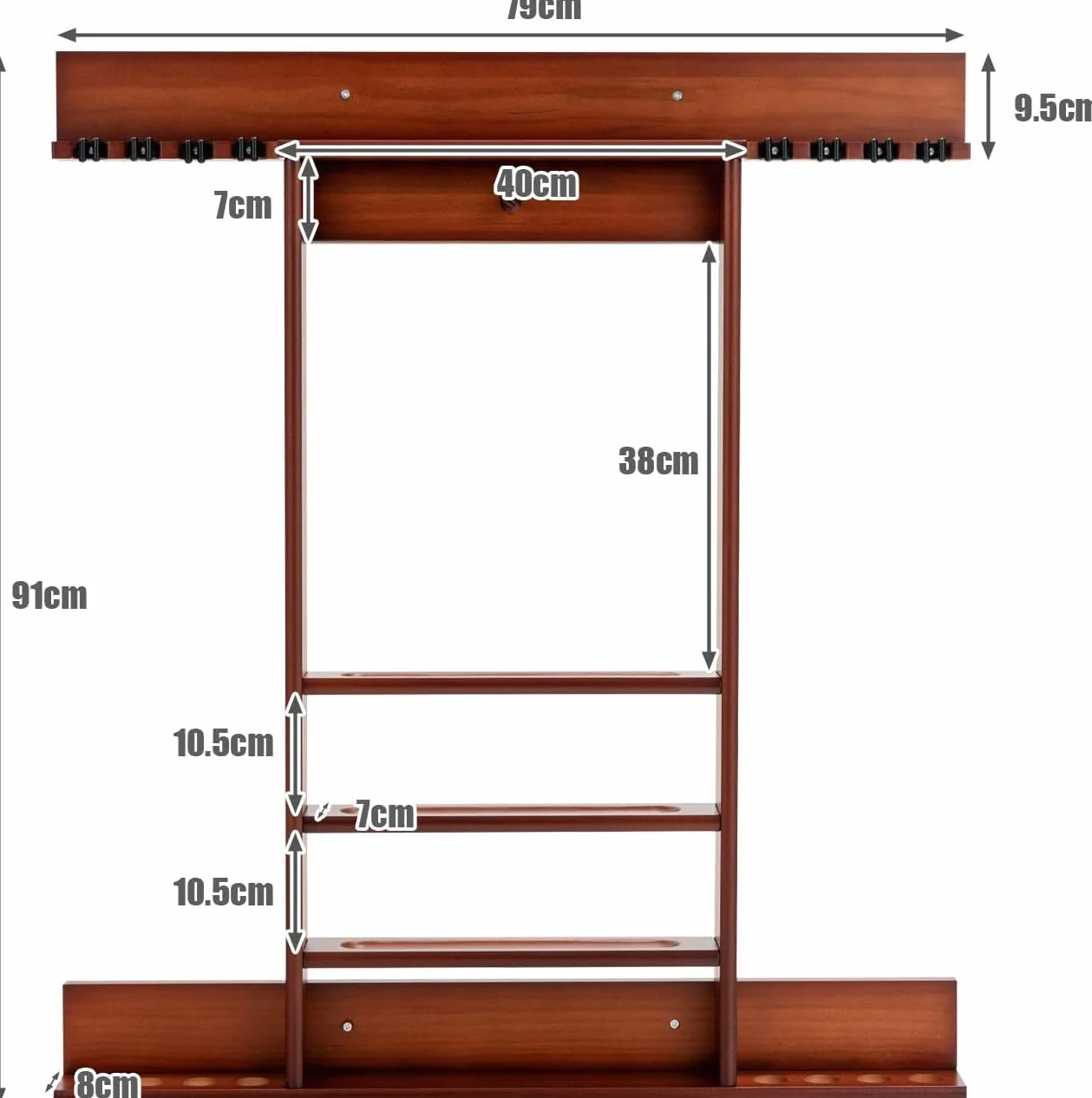 GYMAX Soporte para Tacos de Billar de Madera de Pino, para 8 Tacos, 15 Bolas y Accesorios
