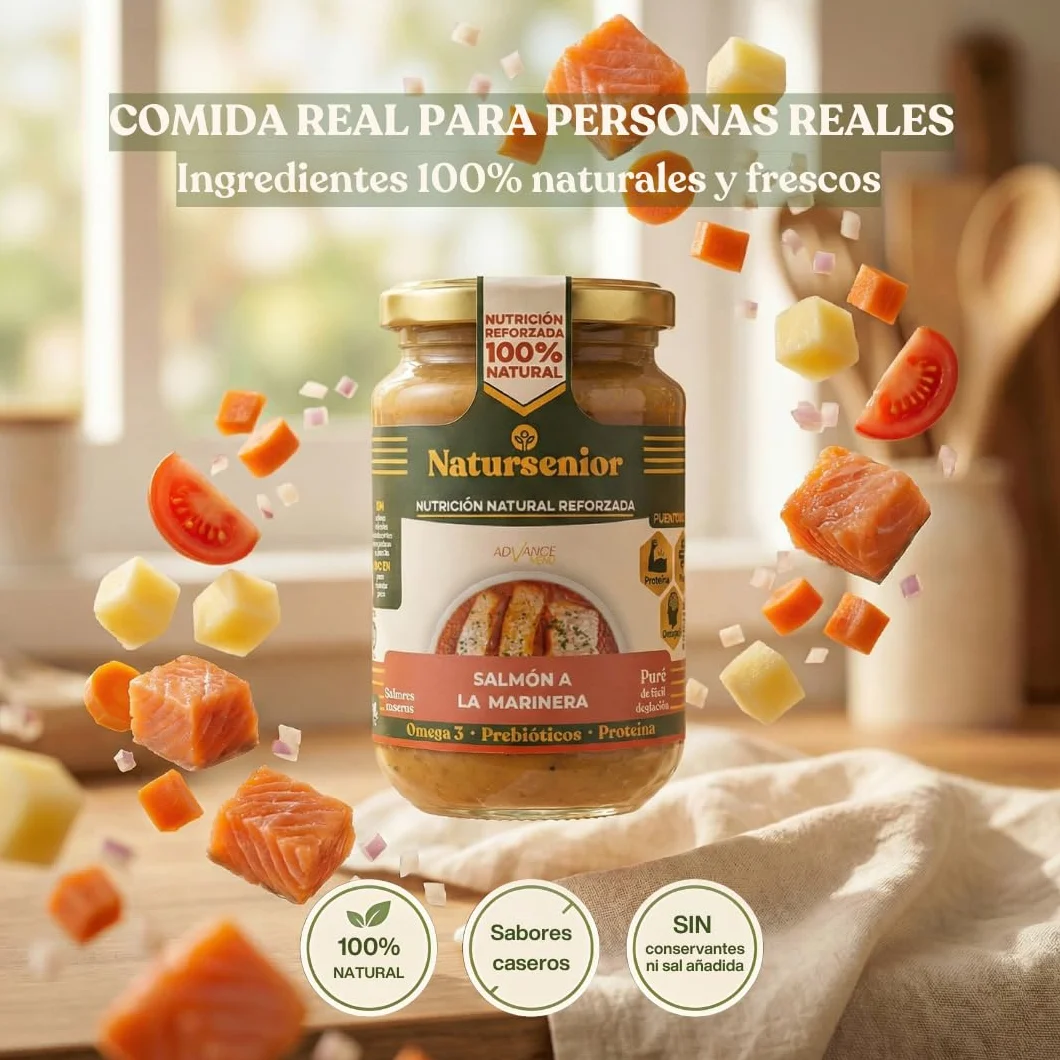 Natursenior - Comida Triturada para Personas Mayores - Pack Puré de Salmón a la Marinera - 100% Natural, Omega 3, Fibra, Proteína - 6 uds x 340g
