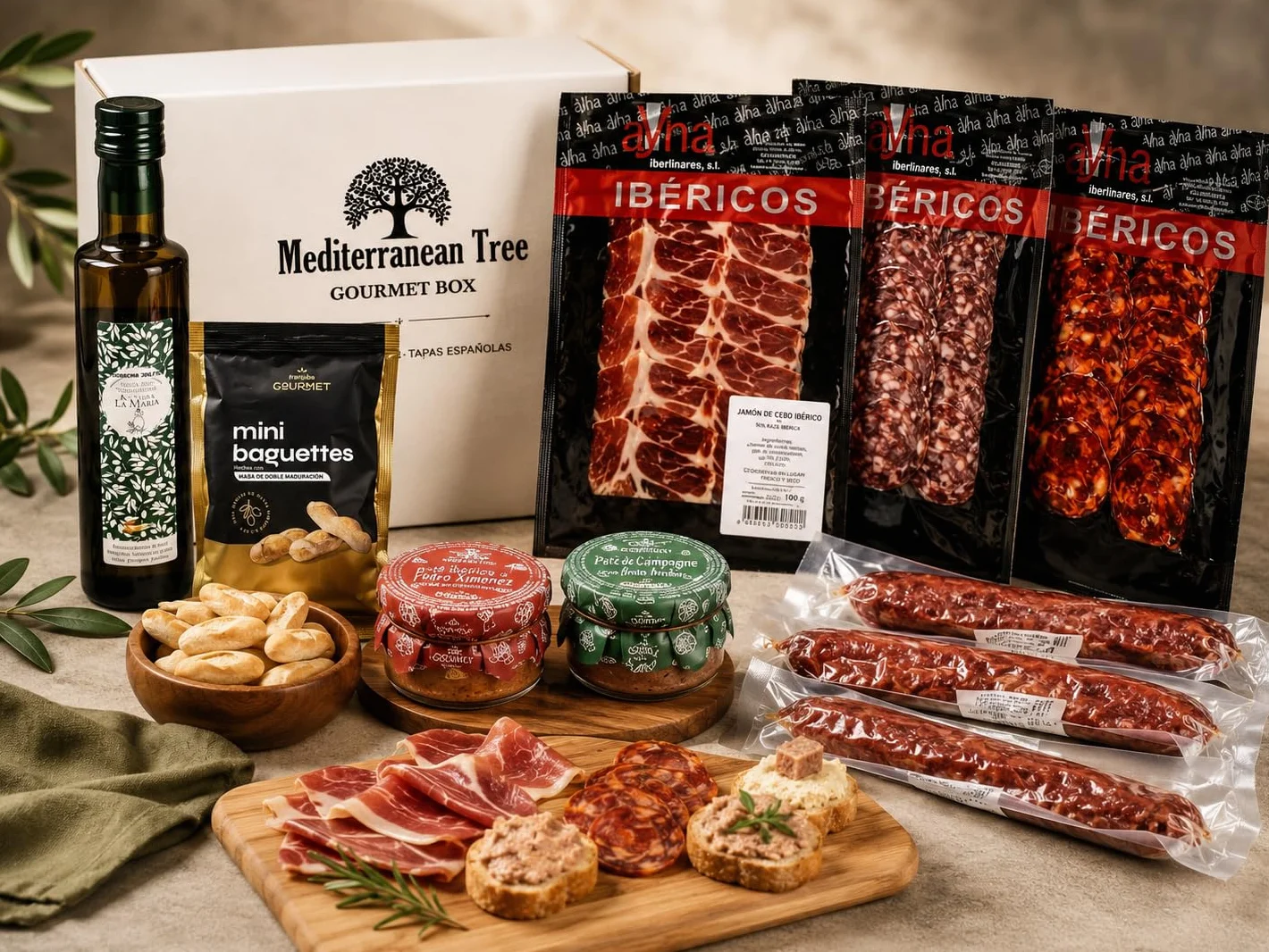 Caja Cesta Gourmet Regalo - Lote embutidos Ibericos salchichón chorizo y jamon + Pate Iberico de Trufa y Pedro Ximenez + 3 piezas Fuets +Aceite Oliva Virgen Extra + Picos Artesanos