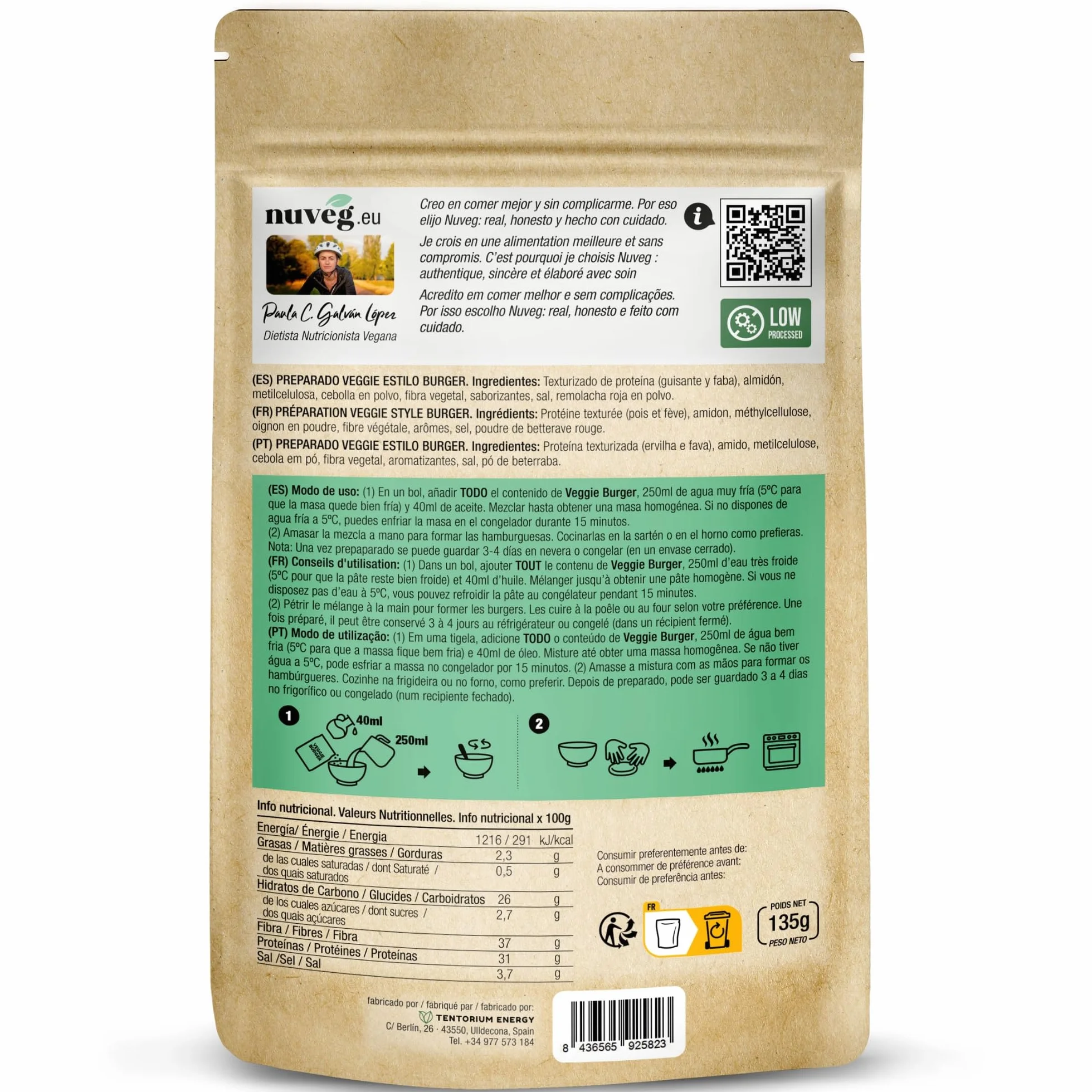 NUVEG Preparado Veggie para Hamburguesa Vegetal, Dieta Vegana y Vegetariana, Alto en Proteínas y Fibra, Sin Gluten y Sin Lactosa, Comida Preparada en Conserva, Fácil y Rápida, Pack 2, 270g