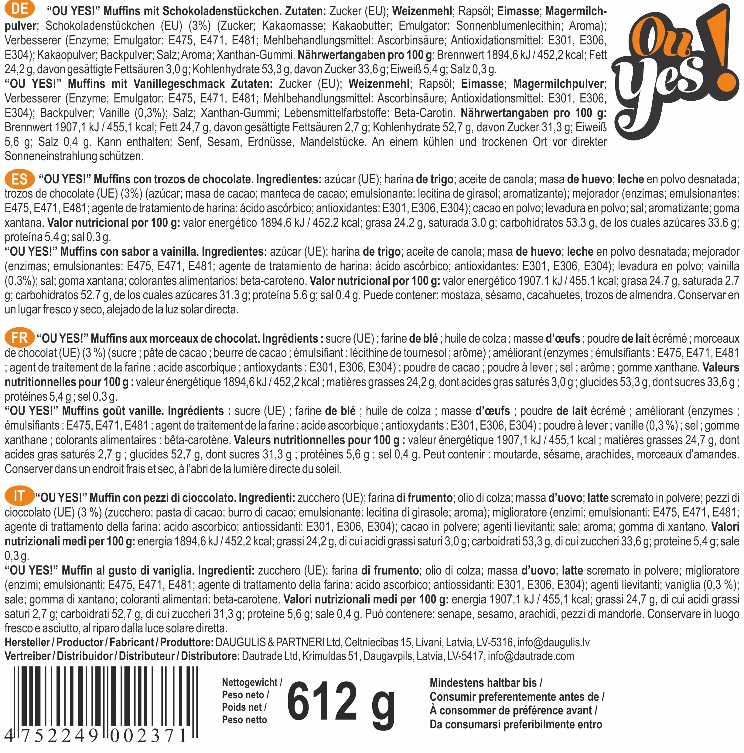Ou Yes! 12 uds. x 51 g - magdalenas mixtas de 2 variedades - vainilla y cacao - envueltas en envoltorio individual y en paquetes listos para llevar (peso neto 612 g)