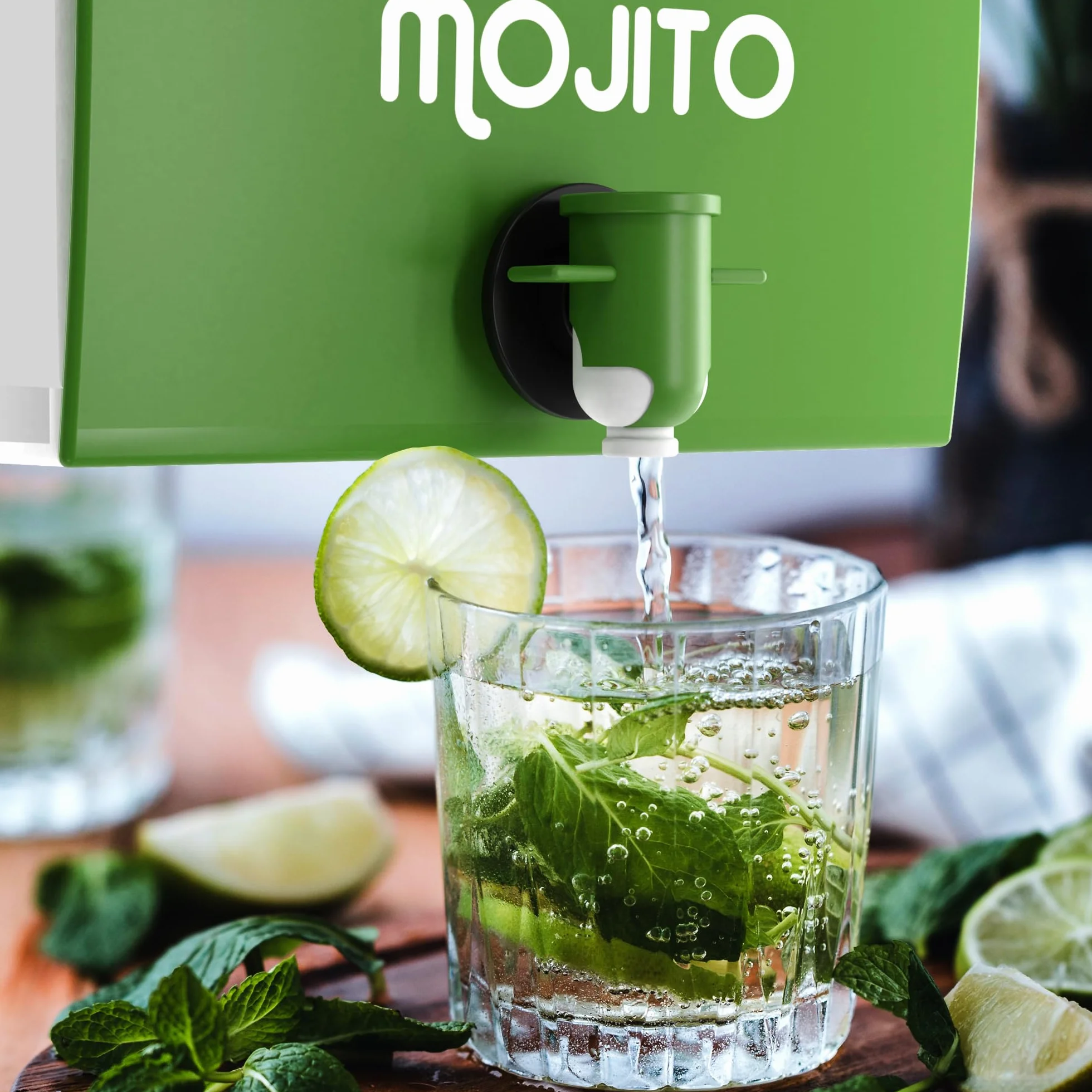 Mojito Preparado Bag in Box 9L Listo para Tomar de “Destilerías Riojanas” a base de Ron, Zumo Limón, Azúcar y Menta. Cómodo, práctico, rentable, Ideal para bares y eventos