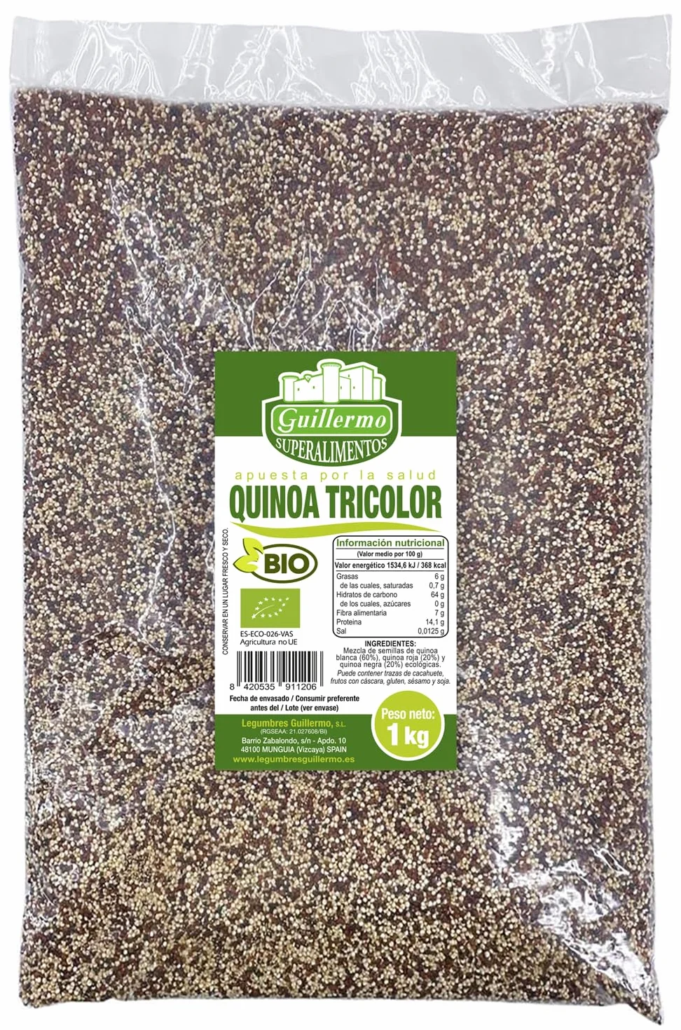 Guillermo | Quinoa tricolor BIO - Bolsa 1 kg. | 100% ecológica | Superalimento | Fuente de fibra, proteína y omega-6