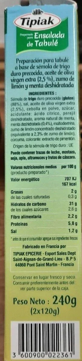 Tipiak - Couscous con Menta Y Limón Preparado para Ensalada de Tabulé - Caja 240 G