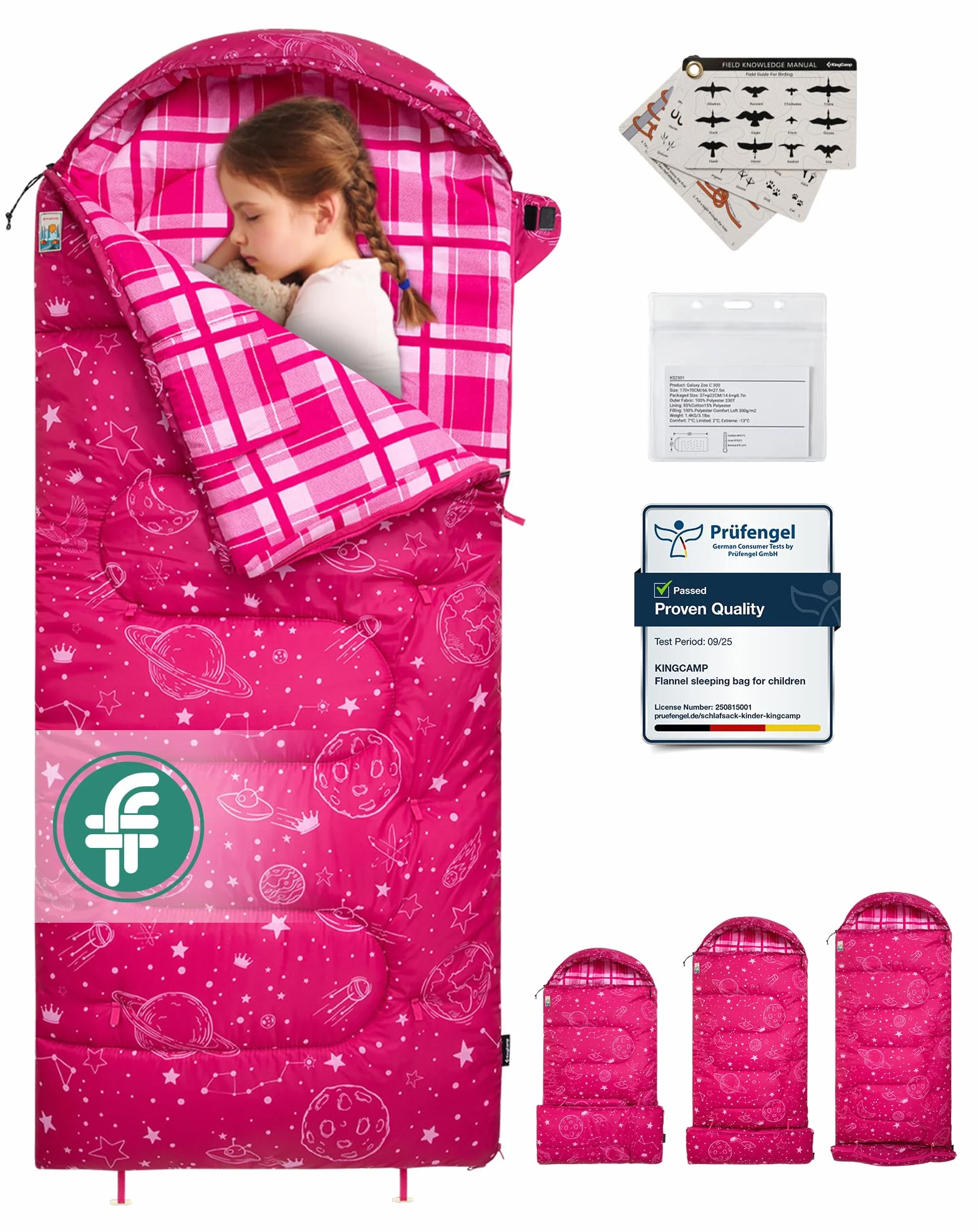 KingCamp Saco de Dormir Niños Franela de Algodón | 170 X 70 cm | 7℃ a -13 ℃ | Cálido y Cómodo para Niñas(Altura máxima hasta 145 cm) | Invierno Camping Accesorios, Viajes y Actividades