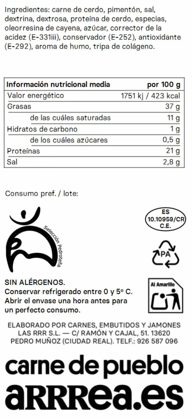 Chorizo Artesano Muy Picante Arrrea Embutido Tradicional de La Mancha 350g