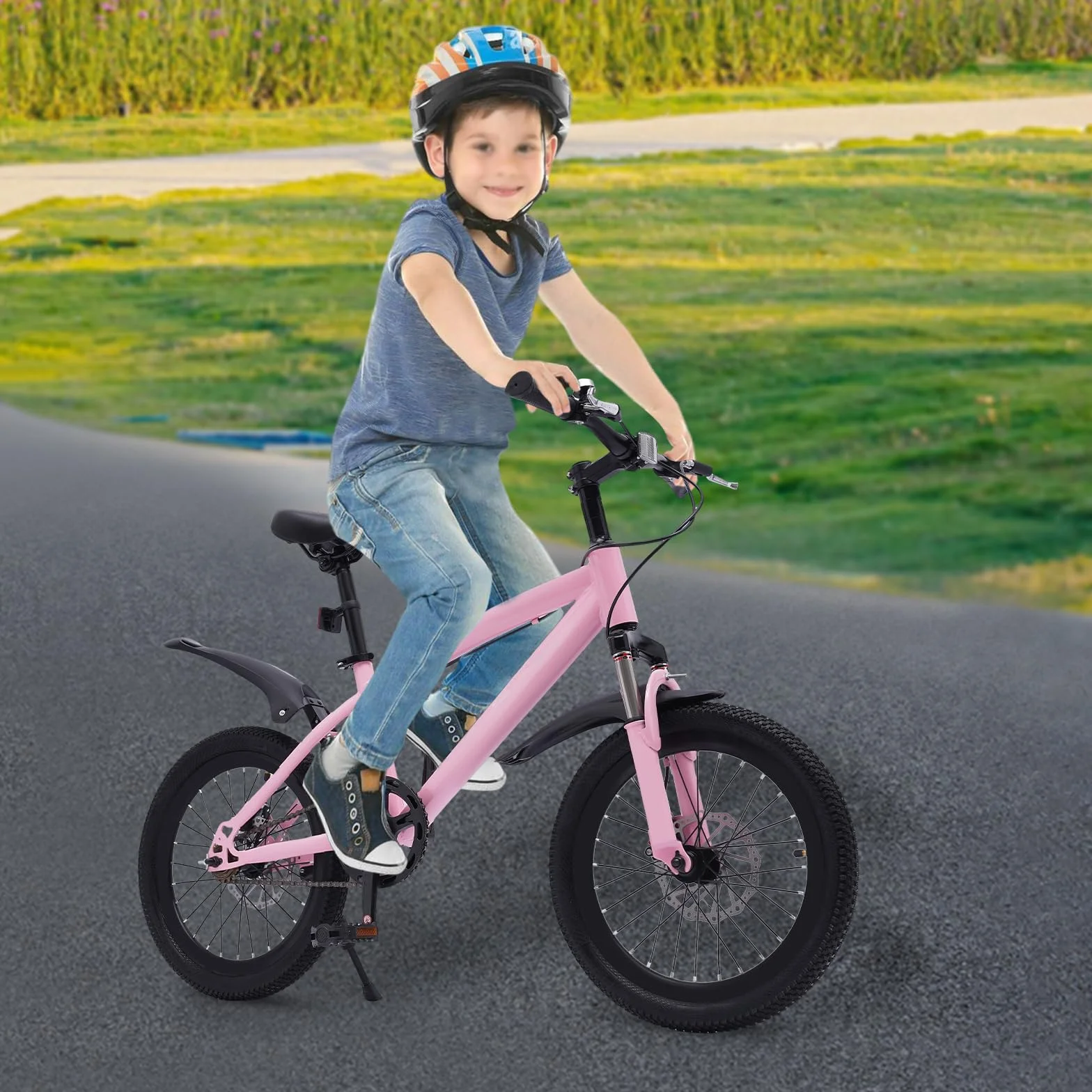 Bicicleta de montaña 18 pulgadas niños guardabarros reflectores freno pedal rosa negro