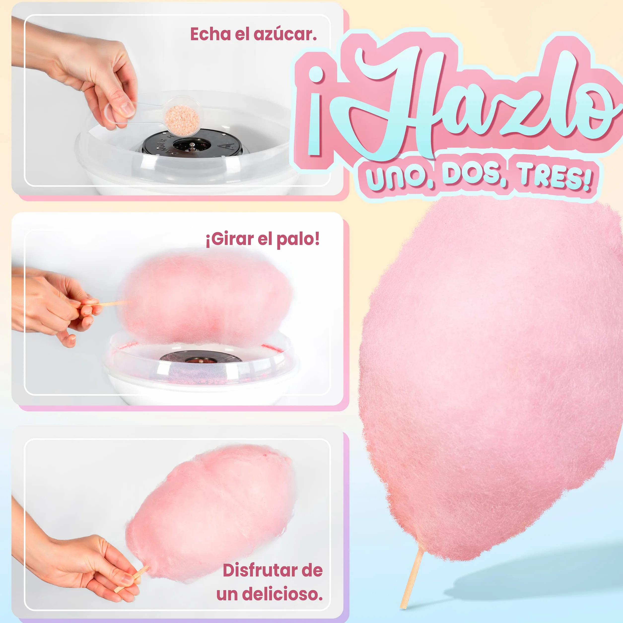 GREENDOSO® Azúcar para Algodón de Azúcar (4x320gr) – Lote de 4 Sabores (Fresa/Cola/Frambuesa/Manzana) – 50 Palitos