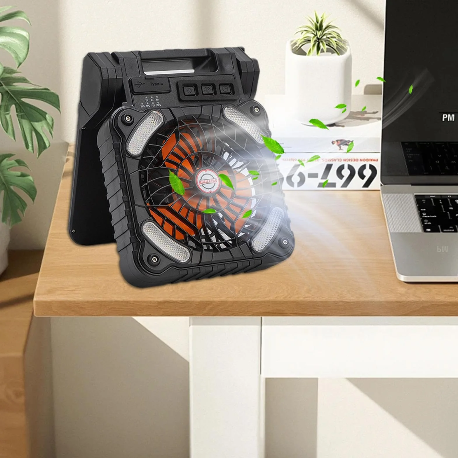 Ventilador Solar Portátil LED con 4 Velocidades y 3 Brillos, Batería de 100, para Acampar