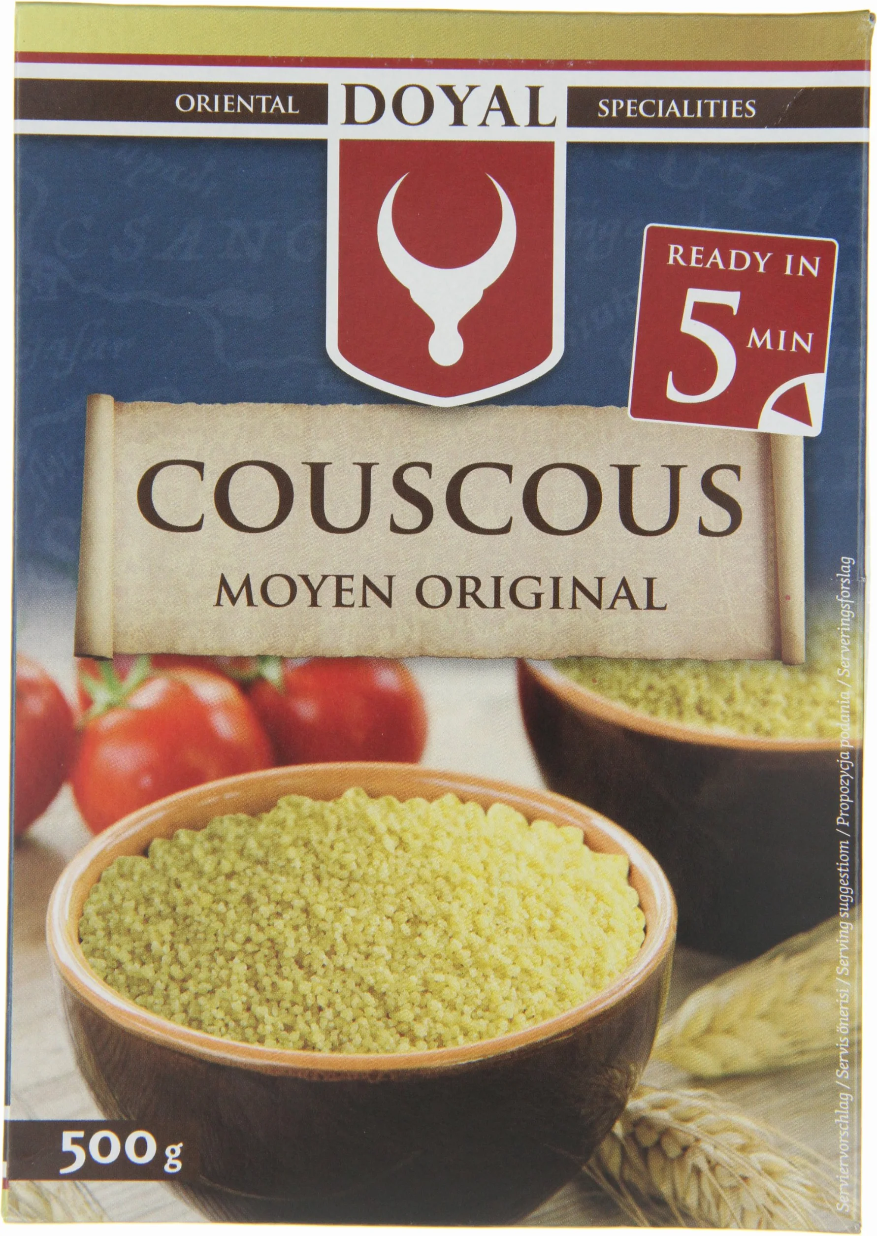 Cuscús grano medio 500 g en caja, preparación rápida 5 min, base versátil para ensaladas tipo tabulé, guarniciones y bowls, cocina árabe y mediterránea